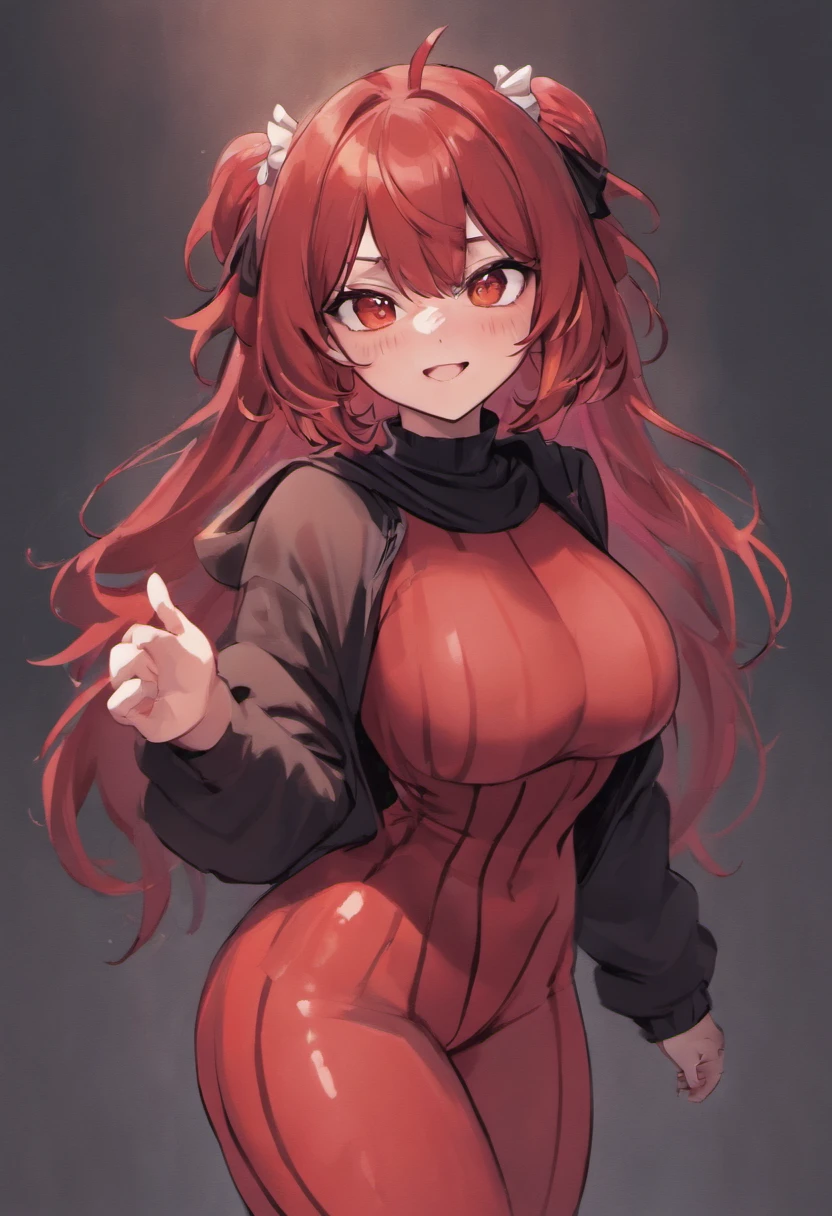 a chubby, bottom heavy hispanic girl with messy red and black two tone dyed hair, dark freckles, red eyes, a black shirt that has a logo of a green circle and a black star in the middle, black pants with red X's on the knees, neon green imp horns, a thin black imp tail. She's a snarky girl with an overconfidence, she's cartoony and bouncy, she's sweet and loving, but can also be mean and distasteful. She has c-cup breasts, and a large waistband. She wears full clothing and a red and black striped scarf. She smileswith confidence even when at her lowest low, her freckles are extraordinarily prominent, and her red and black two toned hair is bright and colorful.
