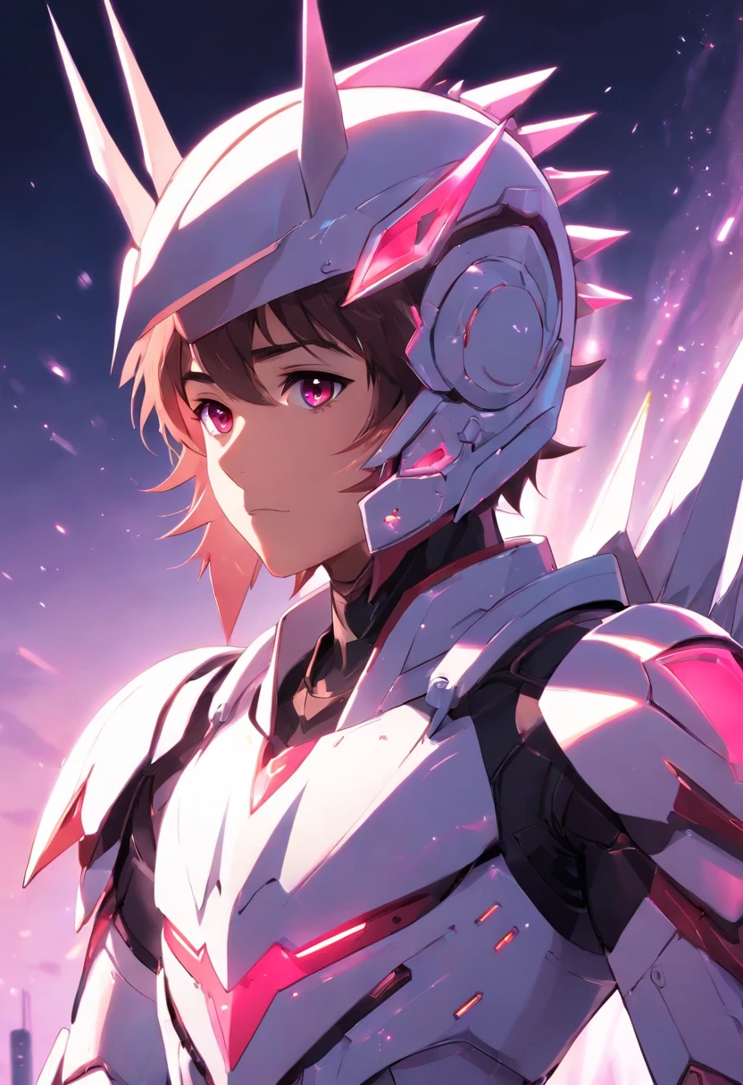 male focus, 1boy, solo, tokusatsu, armor, white armor, spikes, helmet, shoulder spikes, upper body, glowing, full armor, shoulder armor, bodysuit, character name, pink eyes, alien, science fiction