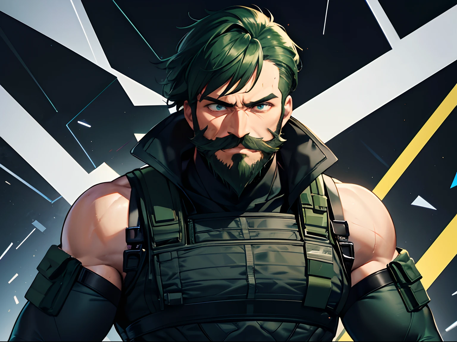 A muscular man with a beard and moustache, wearing a Tactical Suit, Dark Green Hair, Black Tactical Suit