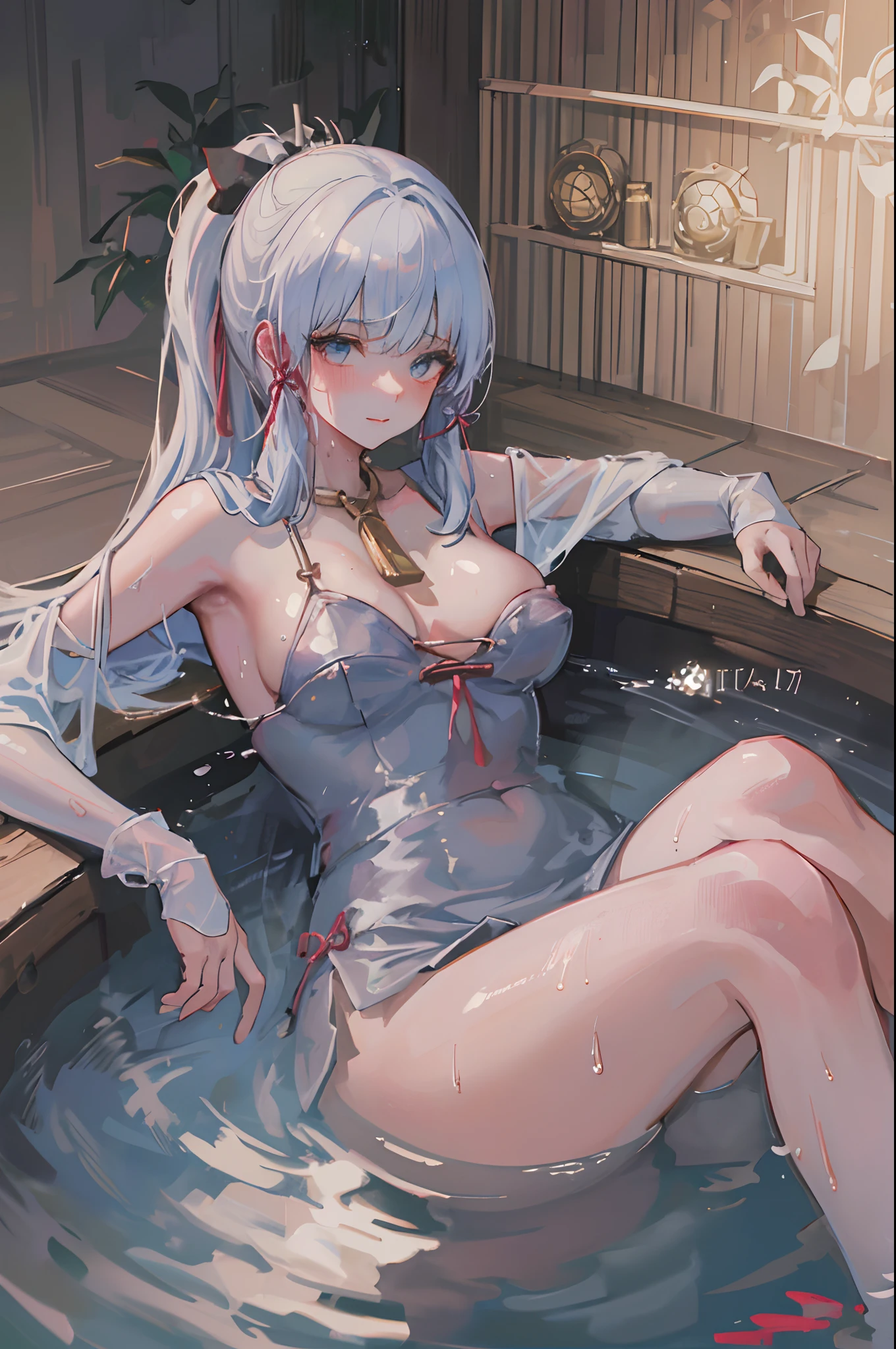 ((beautiful lighting, Best quality, 8K, Masterpiece: 1.3)), 1girl, Perfect body beauty: 1.4, elegant, Sweaty + wet skin,((white hair)), (White dress: 1.4), (Bathing gown), (Over the knee white stockings: 1.5), (onsen , night: 1.1), (Hot water bath), Soak, Super Fine Face