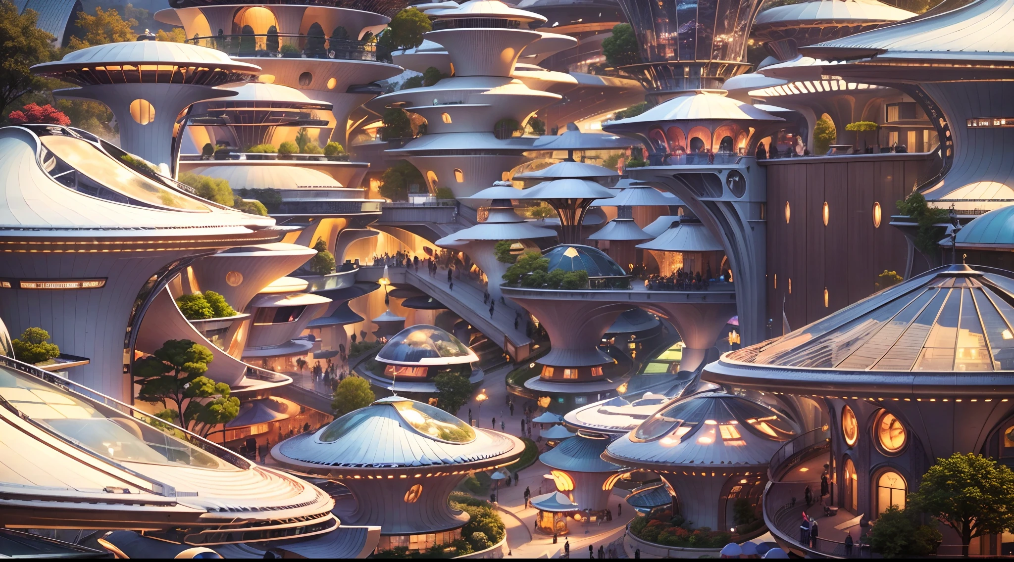 High quality,(Photorealistic,Realistic:1.37),Vibrant colors,Cityscape,(All buildings are mushroom-shaped),Mushroom-shaped building,Towering buildings,Unique skyline,Thoughtful design,Impressive scale,Innovative architecture,organic shapes,curves,Glass facades,shiny reflective surfaces,Geometry is in harmony with nature,A fusion of art and function,Stunning aerial view,Illuminated at night,Brilliant light display,futuristic vibe, Lively atmosphere, Bustling streets,Pedestrians and vehicles in motion,Elevated walkway,captivating skylines,futurism,Innovative urban planning,Environmentally sustainable buildings,Future Vision,Juxtaposition of nature and civilization,Celebrate creativity and human ingenuity