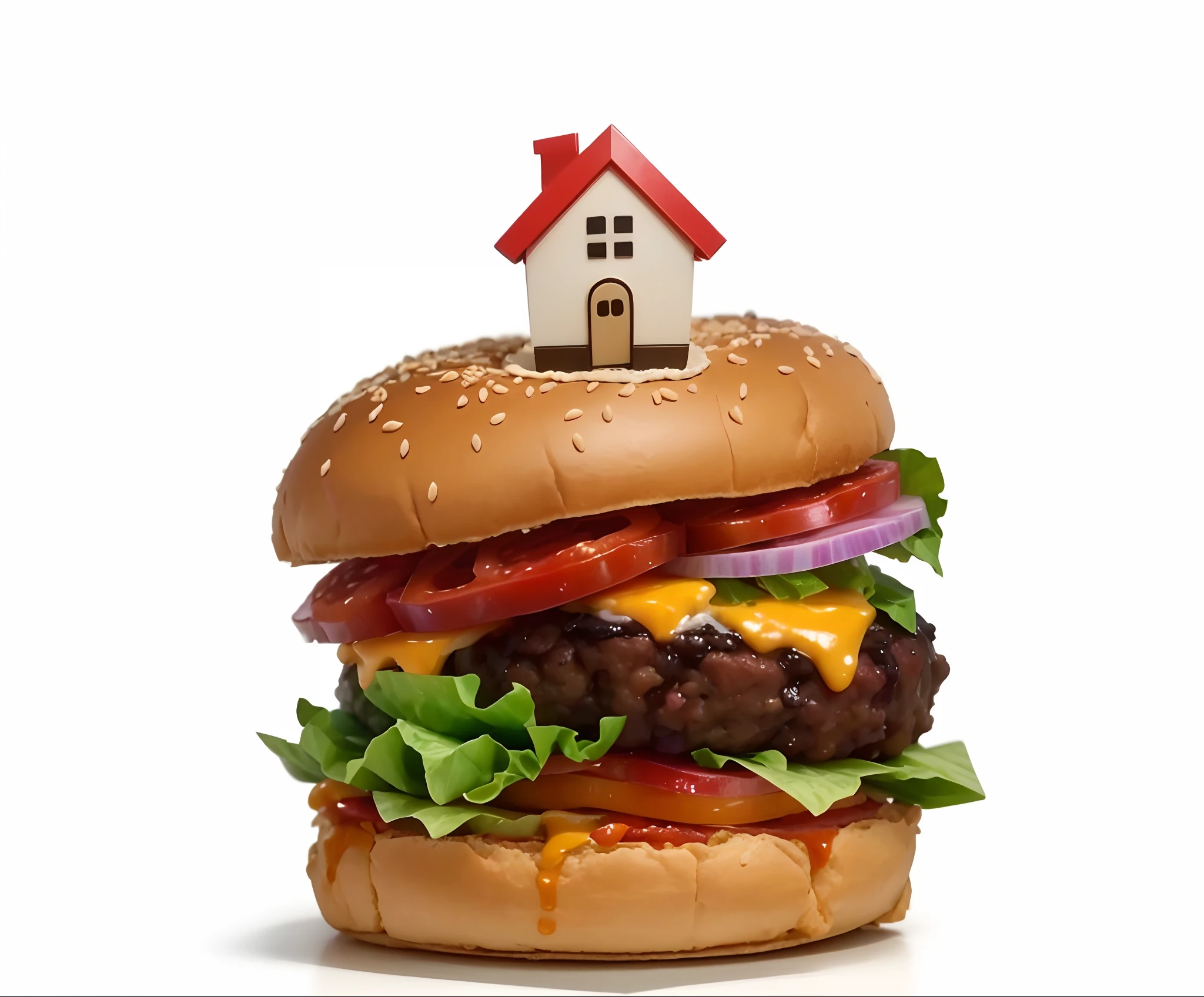 Uma logo de uma Lanchonete, Entrega de comida em casa, a giant burger with a small house on top, extremamente realista, very cute and tasty burger, gostoso, delicioso, 8k