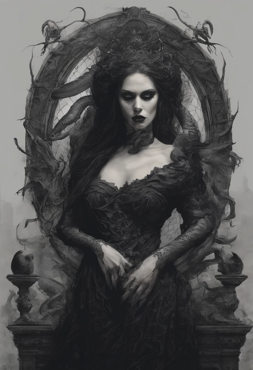 lilith sentada em seu trono ensanguentado com uma serpente enrolada em sua perna