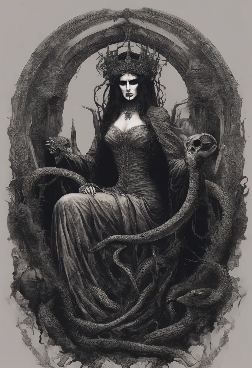 lilith sentada em seu trono ensanguentado com uma serpente enrolada em sua perna