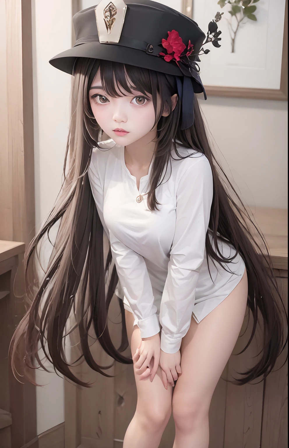 Black hair, white clothes, not wearing trousers, wearing a black hat