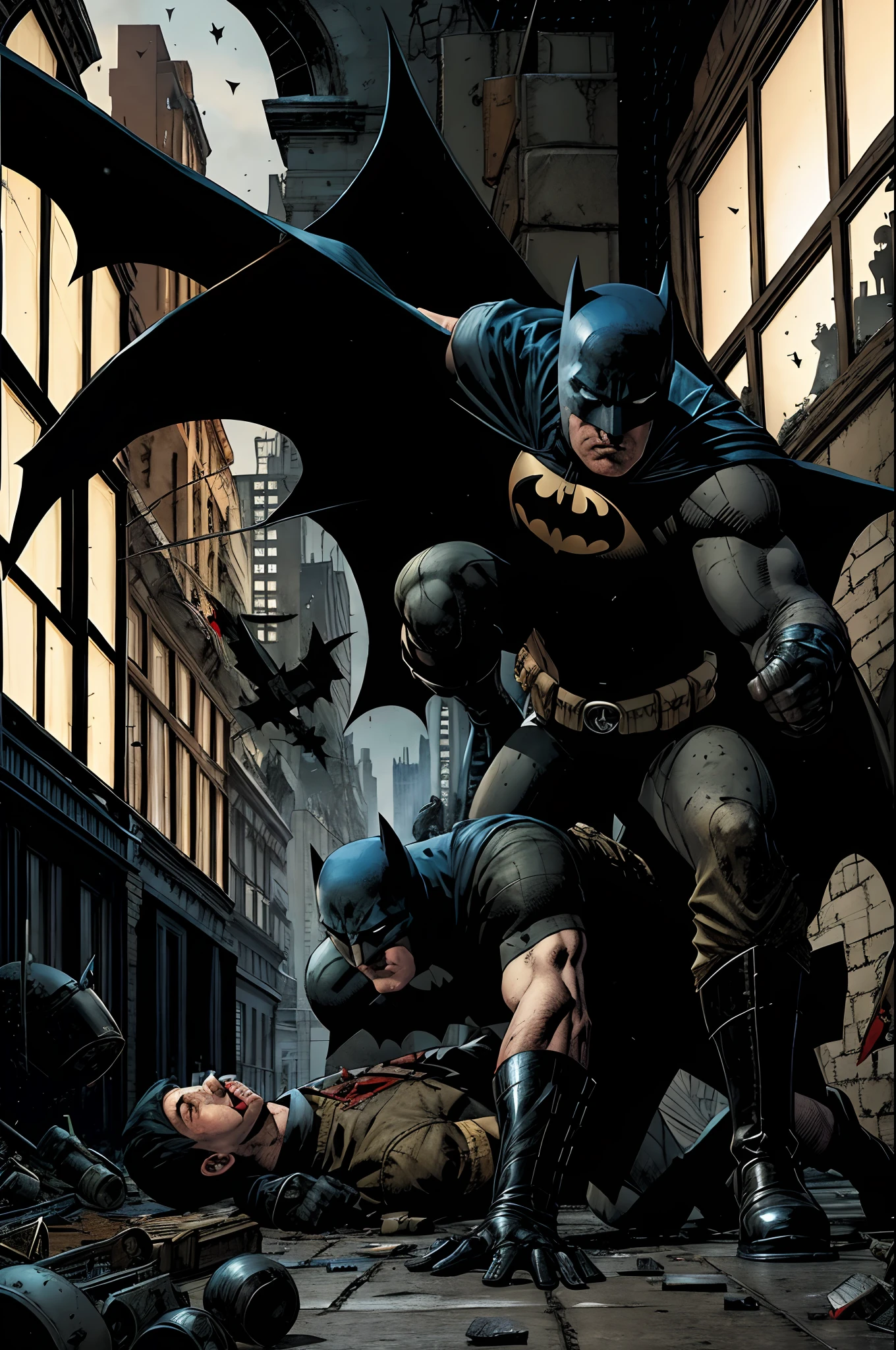 Hitler levanta dos mortos, Bombs dropped from planes destroy the streets of Gotham, The streets are littered with blood and human dead in pieces on the floor and in the windows, BATMAN rushes to help the survivors before Hitler stops him again