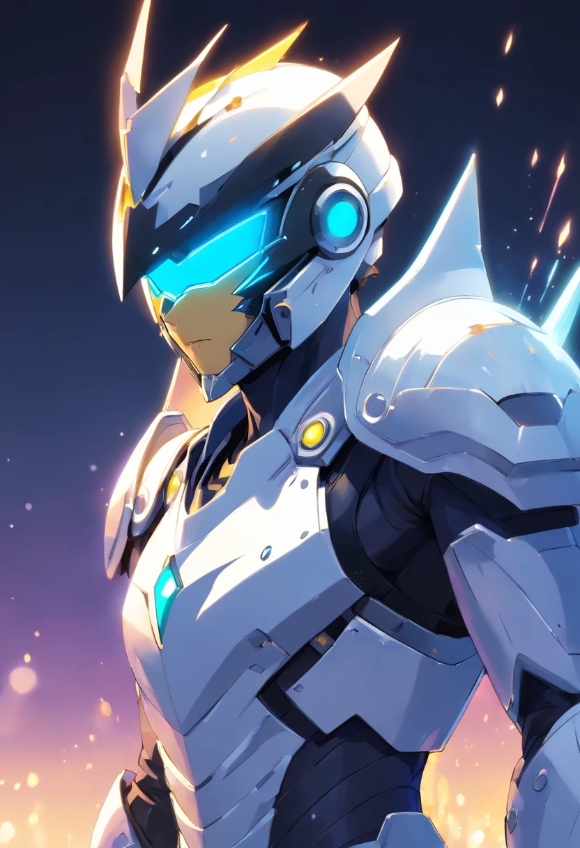male focus, 1boy, solo, tokusatsu, armor, white armor, spikes, helmet, shoulder spikes, upper body, glowing, full armor, shoulder armor, bodysuit, character name, black eyes, alien, science fiction