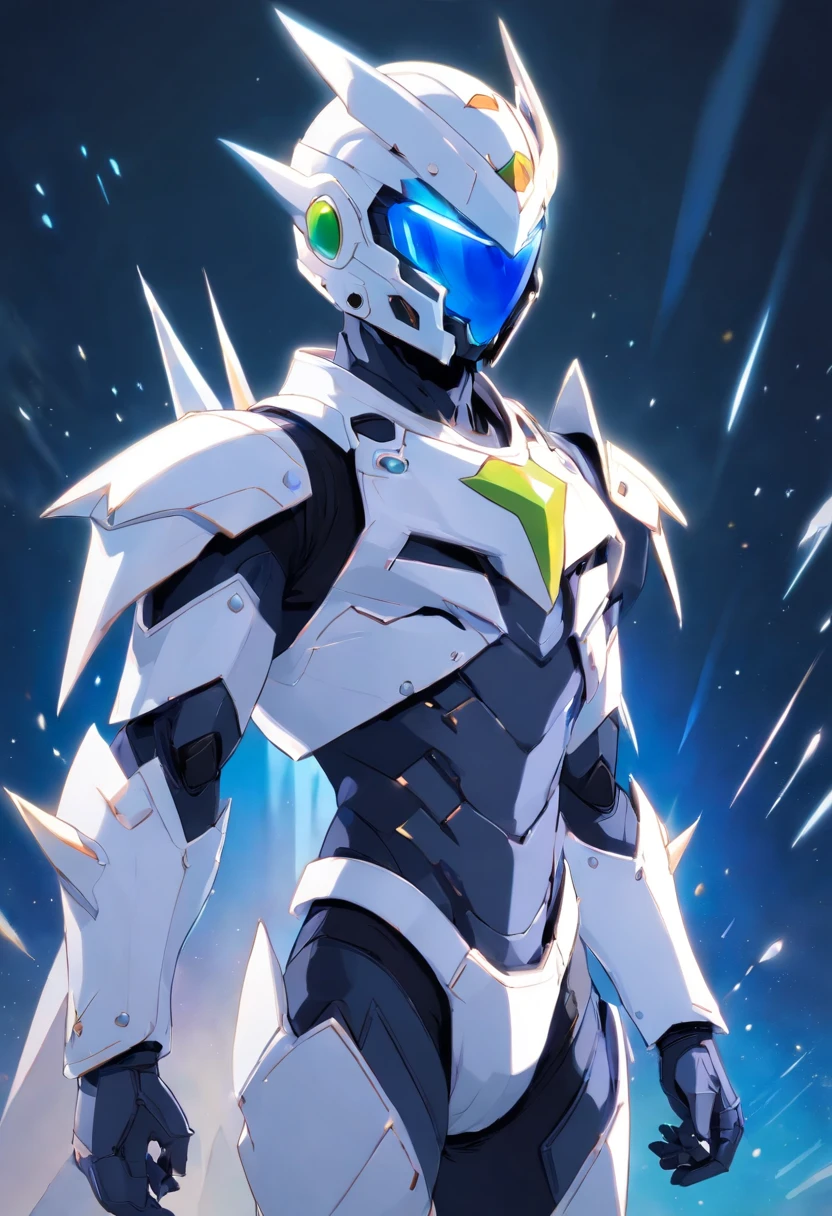 male focus, 1boy, solo, tokusatsu, armor, white armor, spikes, helmet, shoulder spikes, upper body, glowing, full armor, shoulder armor, bodysuit, character name, black eyes, alien, science fiction