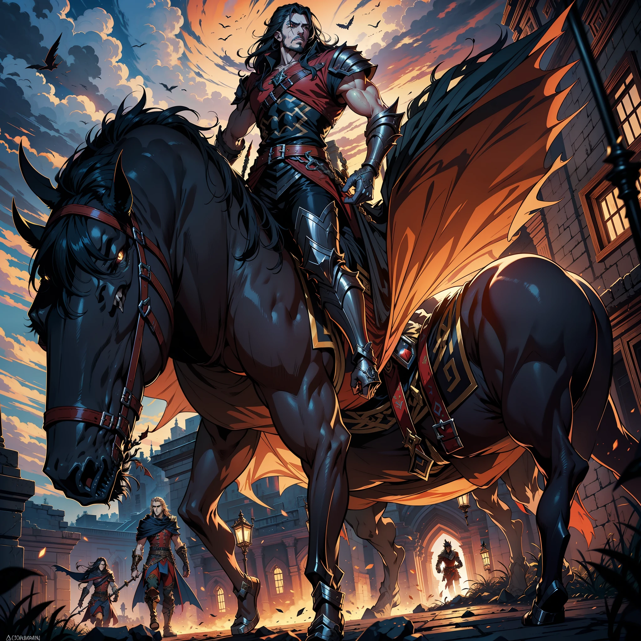 Castlevania Shadow Lord Handsome Muscular Warrior Legendary Moroccan Environment walks on the battlefield on lying corpses holding a hyper realistic red flag super detailed Dynamic shot centerpiece cinematic scene scenes movie Epic Legendary correct Anatomy super detailed proportions Correct faces correct poses