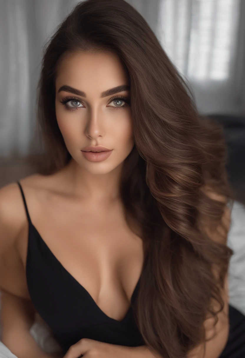 Arafed woman completely , fille sexy aux yeux bruns, ultra realist, Meticulously detailed, Portrait Sophie Mudd, cheveux bruns et grands yeux, selfie of a young woman, Dubai Eyes, Violet Myers, sans maquillage, maquillage naturel, looking straight at camera, Visage avec Artgram, Maquillage subtil, Great photo of the whole body kneeling on the bed, dans la chambre, Medium to large bust, sur un banc