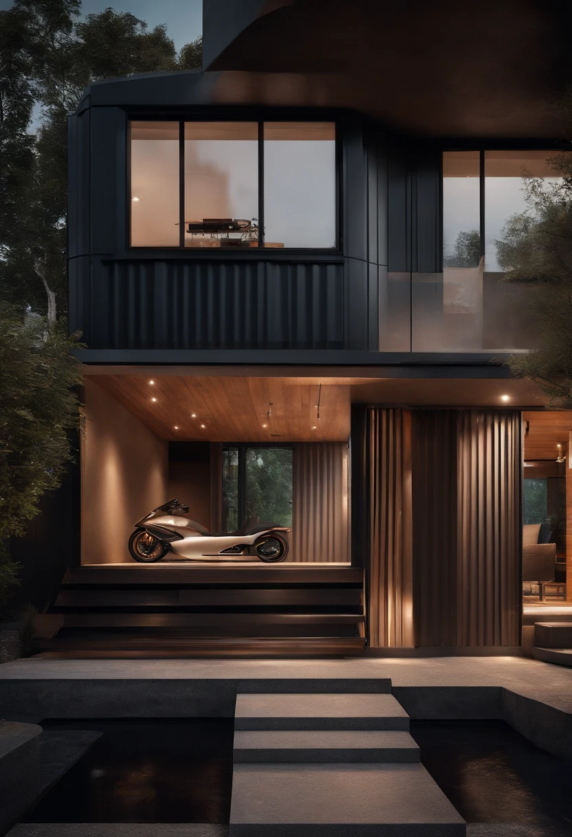 A modern container house with a spacious, industrial-style garage surrounded by a dark and atmospheric space. The scene features a sleek motorbike, highlighting the contrast between the ruggedness of the bike and the futuristic elements of the smart home.

Tags: container house, spacious industrial garage, sleek motorbike, futuristic smart home, dark atmosphere, modern design, innovative technology, stylish interior, high-end appliances, minimalistic decor, cutting-edge automation, urban aesthetics, metallic accents, ambient lighting, state-of-the-art security, interconnected devices, energy-efficient solutions, integrated entertainment system, sleek lines, avant-garde architectural elements, contemporary living, urban luxury.