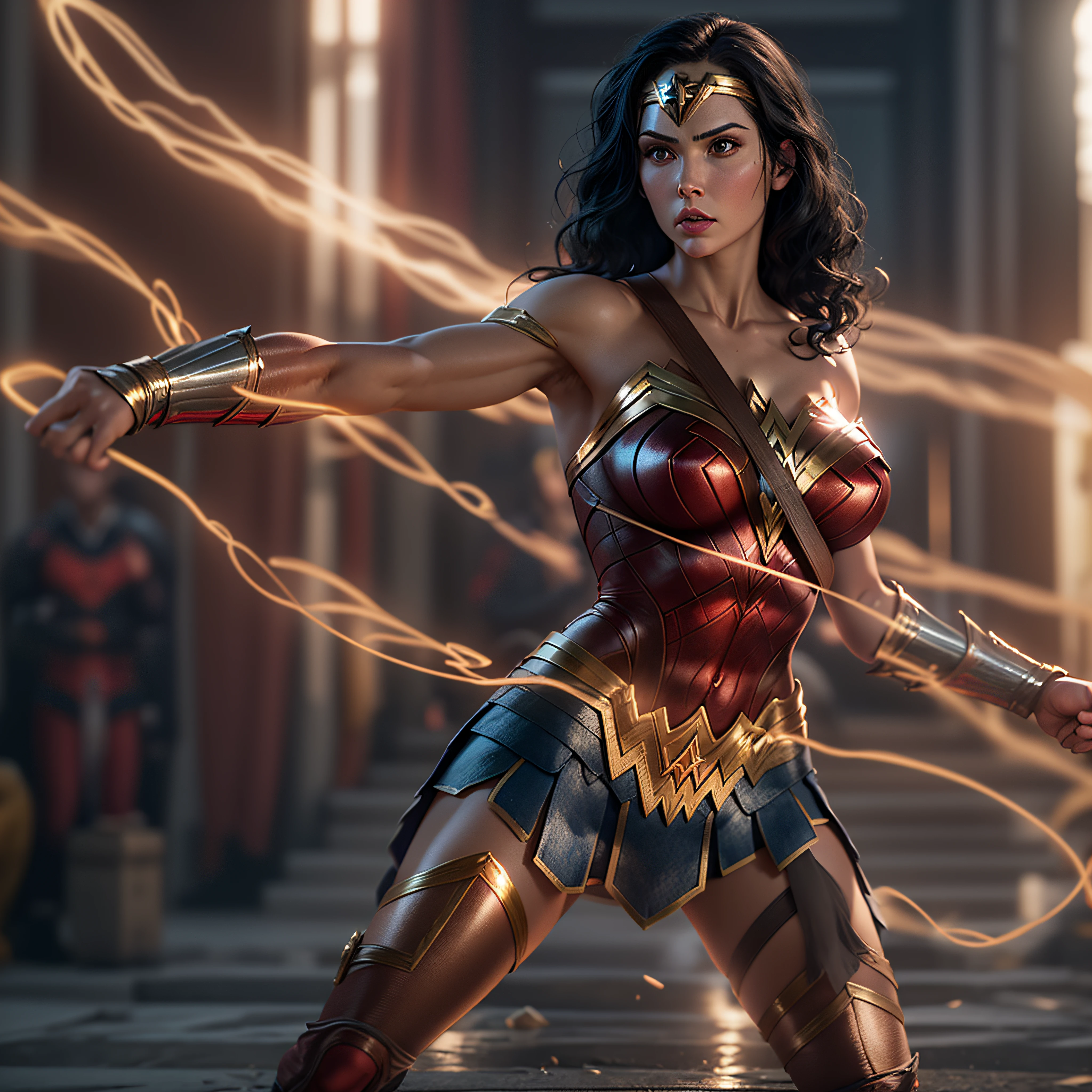 Wonder Woman with her glowing Lasso of Truth attached to her hip, wearing a Sword, photo-realistic, octane render, unreal engine, ultra-realistic