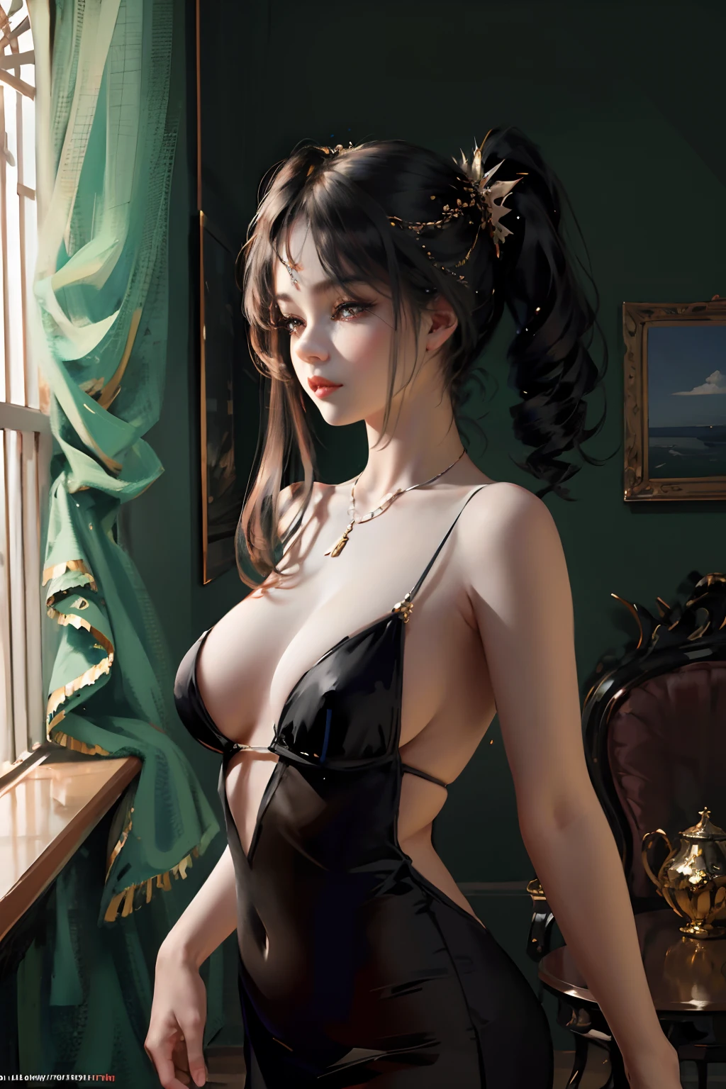 Masterpiece art(cinematic shot,beautiful girl,beautiful shot)perfect face,gorgeous body,gigantic breasts,eyeliner,looking at the viewers(bedroom)ultra detailed,High resolution and top quality CG Unity 8k wallpaper,(photorealistic)beautiful necklace,jewelry,transparent mini night dress,extremely bautiful girl