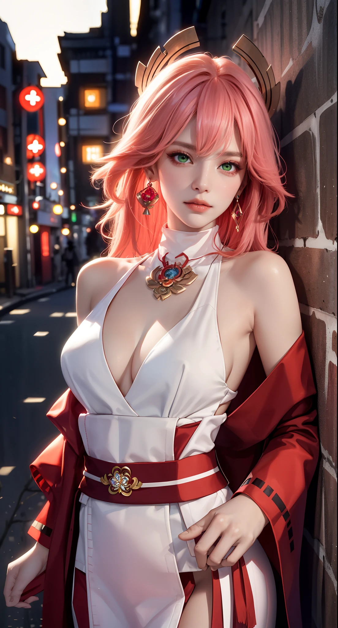 (Masterpiece, Excellent, 1girl, solo, complex details, color difference), realism, ((medium breath)), off-the-shoulders, big breasts, sexy, Yae Miko, long pink hair, red headdress, red highlight, hair above one eye, green eyes, earrings, sharp eyes, perfectly symmetrical figure, choker, neon shirt, open jacket, turtleneck sweater, against the wall, brick wall, graffiti, dim lighting, alley, looking at the audience, ((mean, seductive, charming)), ((autumn background))), ((tokyo background)))), (((luminous background))), (dynamic pose), tulle, bare shoulders, blooming flower fields, radiant skin, faint smile, sexy, bust, no breast cover, naked, cocked ass, tummy look