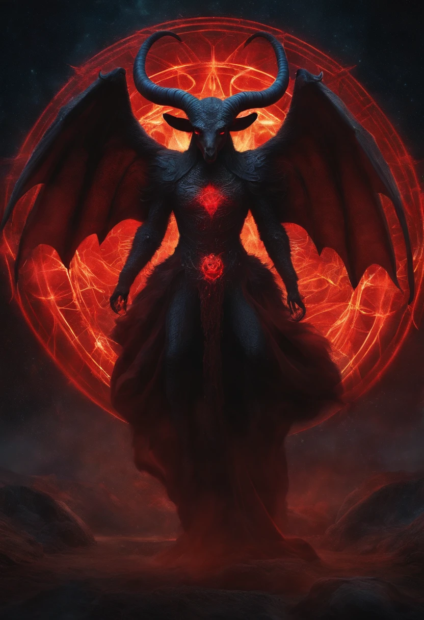cosmic baphomet, glowing red eyes, with spider-like lower body