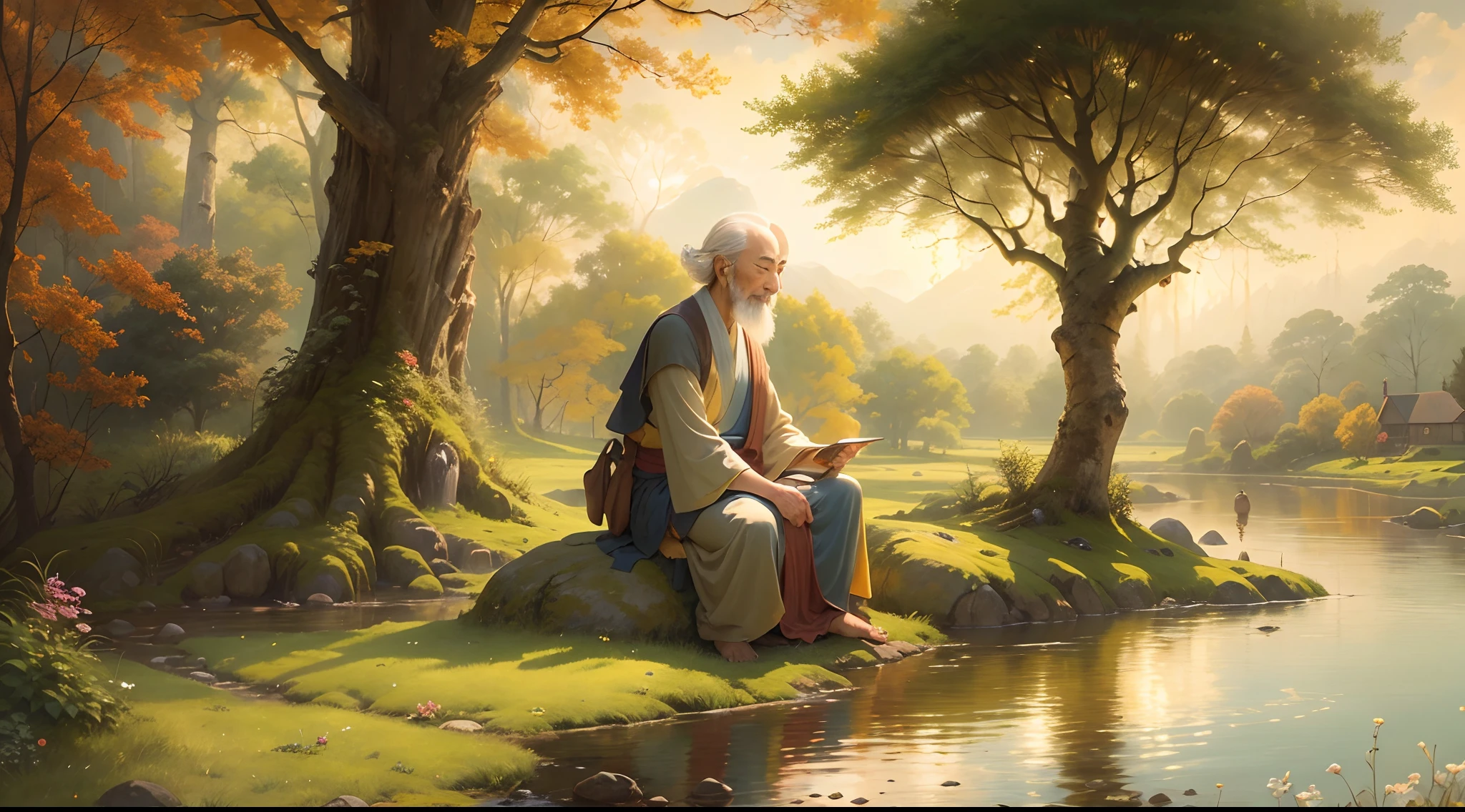 A serene and picturesque village scene with the wise Zen master and the young student sitting on the big, old rock. The clear stream, tall trees, and a gentle sunbeam could frame the image. The master could be depicted with a peaceful smile, and the student in a thoughtful posture,Oil Painting