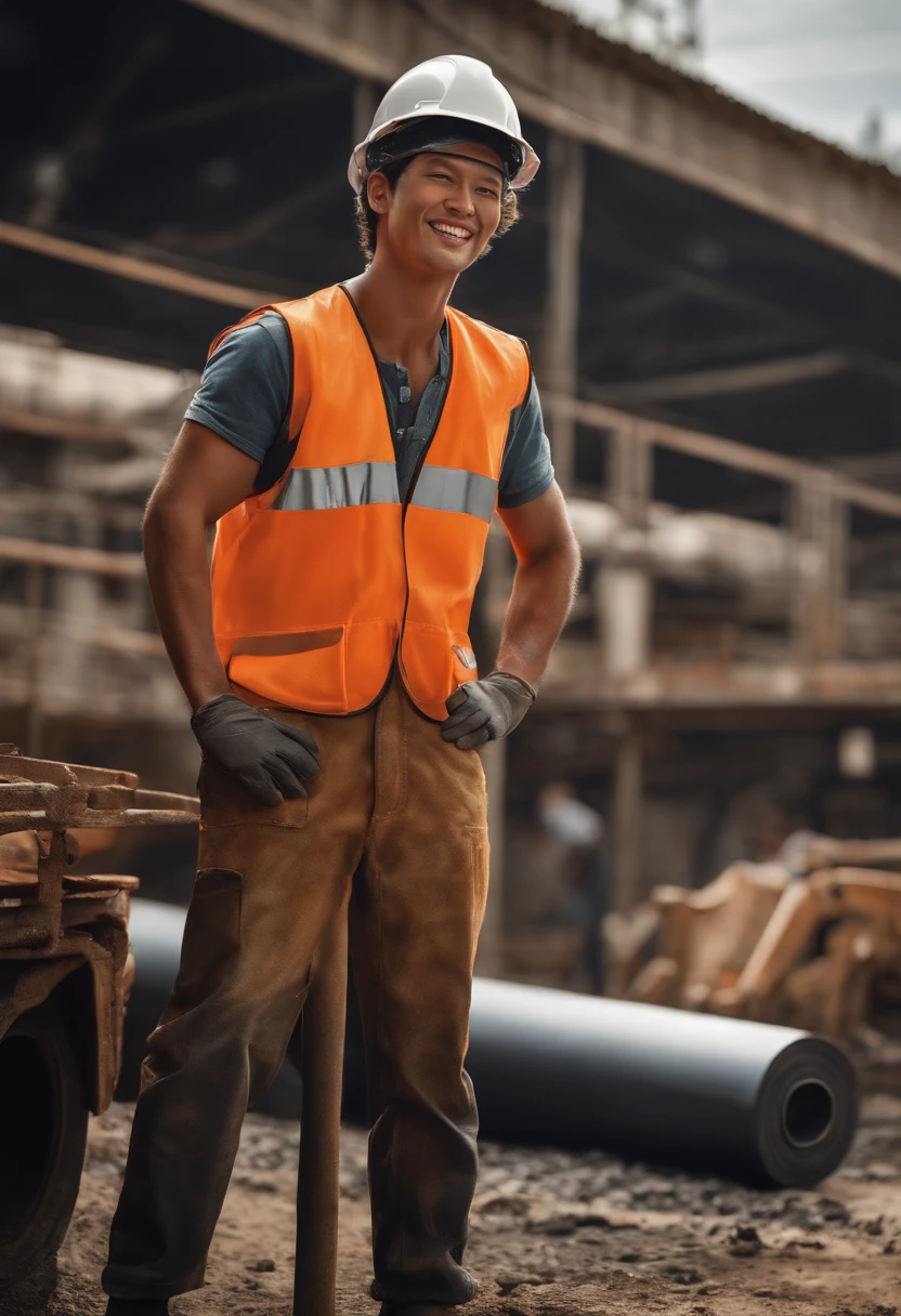 masterpiece, top-quality, ultra-detailliert, illustratio, man, Construction site workers, standing next to an unrolling roll of bituminous membrane,male people,Niō Standing,Workwear,gloves,work shoes、Adolescent Men、Cute smile