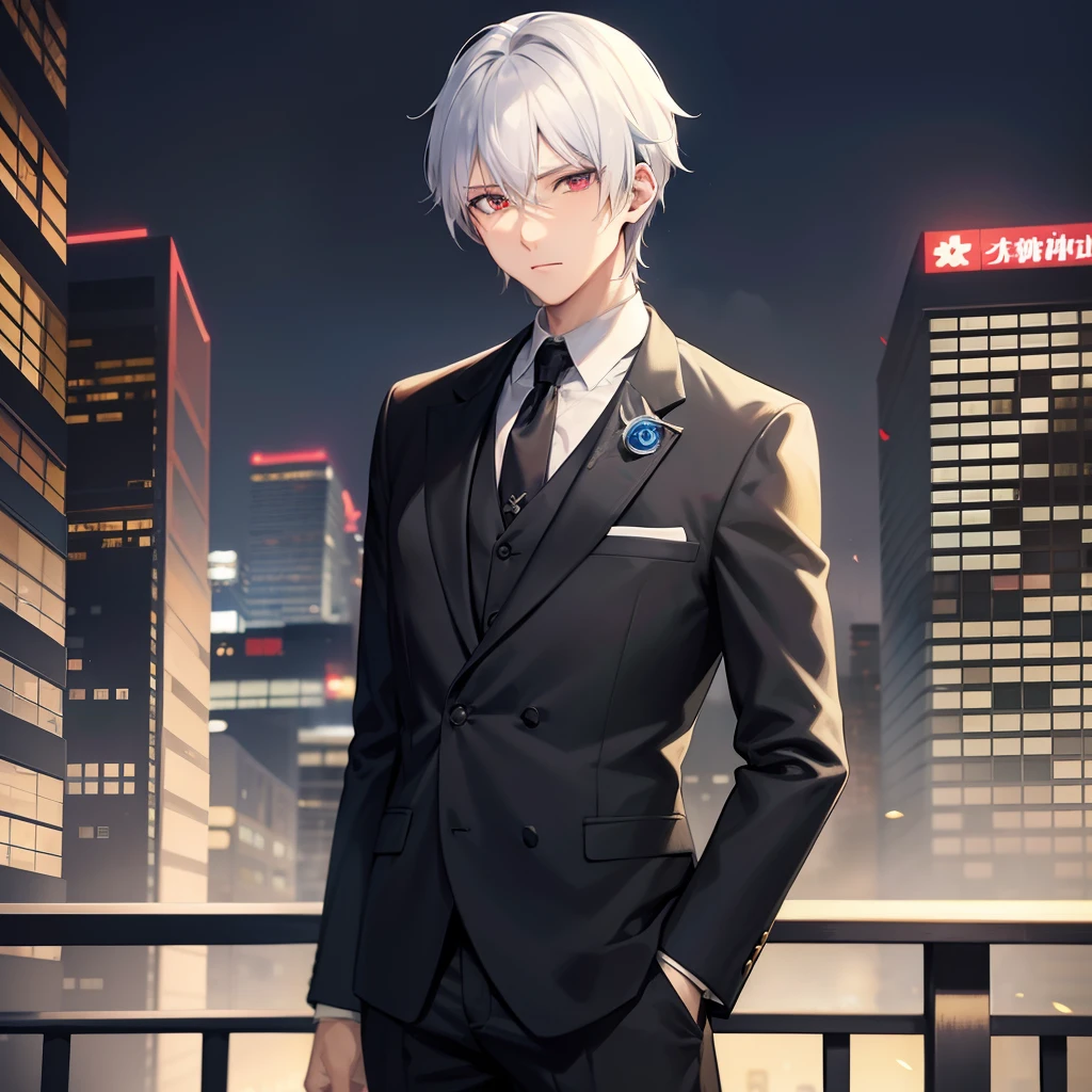 anime guy in a suit and tie standing in a city, white-haired, white haired, handsome anime pose, dapper dream demon, young anime man, anime handsome man, white fox anime, male anime character, a silver haired mad, male anime style, silver haired, Red eyes, crimson eyes.