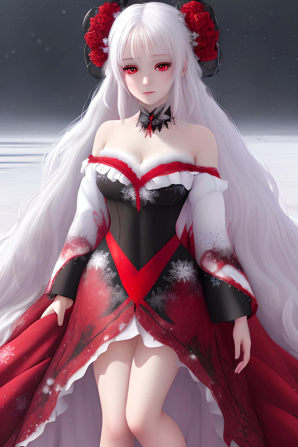 (best quality,4k,highres,masterpiece:1.2),ultra-detailed,realistic,anime,portrait,white-haired girl,crimson eyes,black gradient throughout,body adorned with vibrant black and red patterns,red sheer gown,glistening snow-covered landscape,barefoot,snowflakes gently falling.