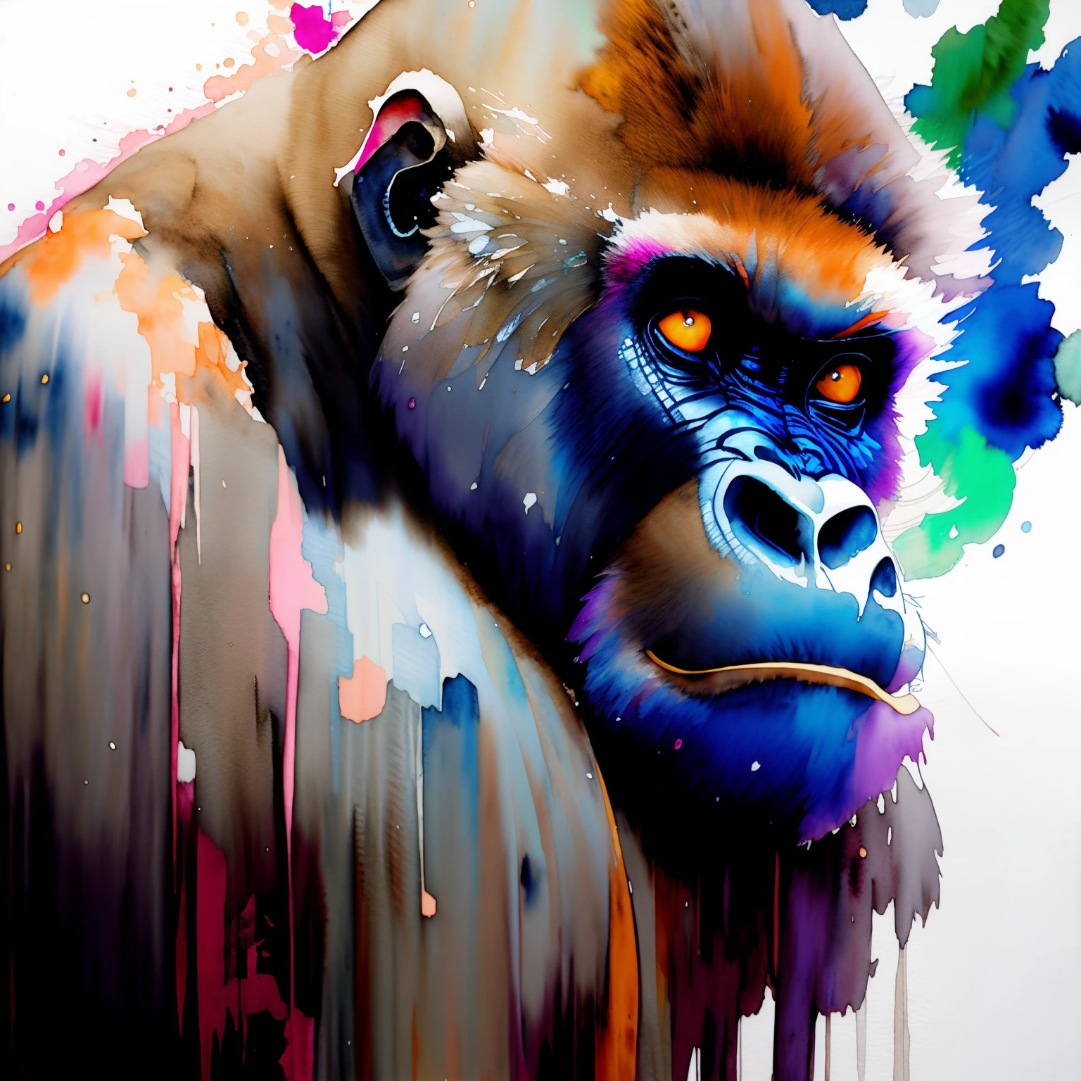 wtrcolor style, Digital art of (gorilla silverback character), official art, frontal, masterpiece, Beautiful, ((watercolor)), face paint, paint splatter, intricate details. Highly detailed, detailed eyes, [dripping:0.5], Trending on artstation, by Rachel Walker,