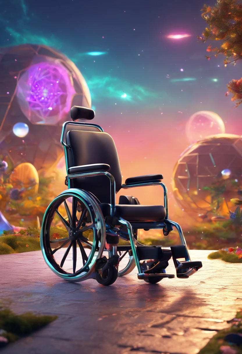 (best quality,highres,ultra-detailed), electric wheelchair, vibrant colors, fantastical setting, ethereal lighting, futuristic technology, dreamlike atmosphere, whimsical fantasy, surreal scene, magical elements, surrealistic landscape