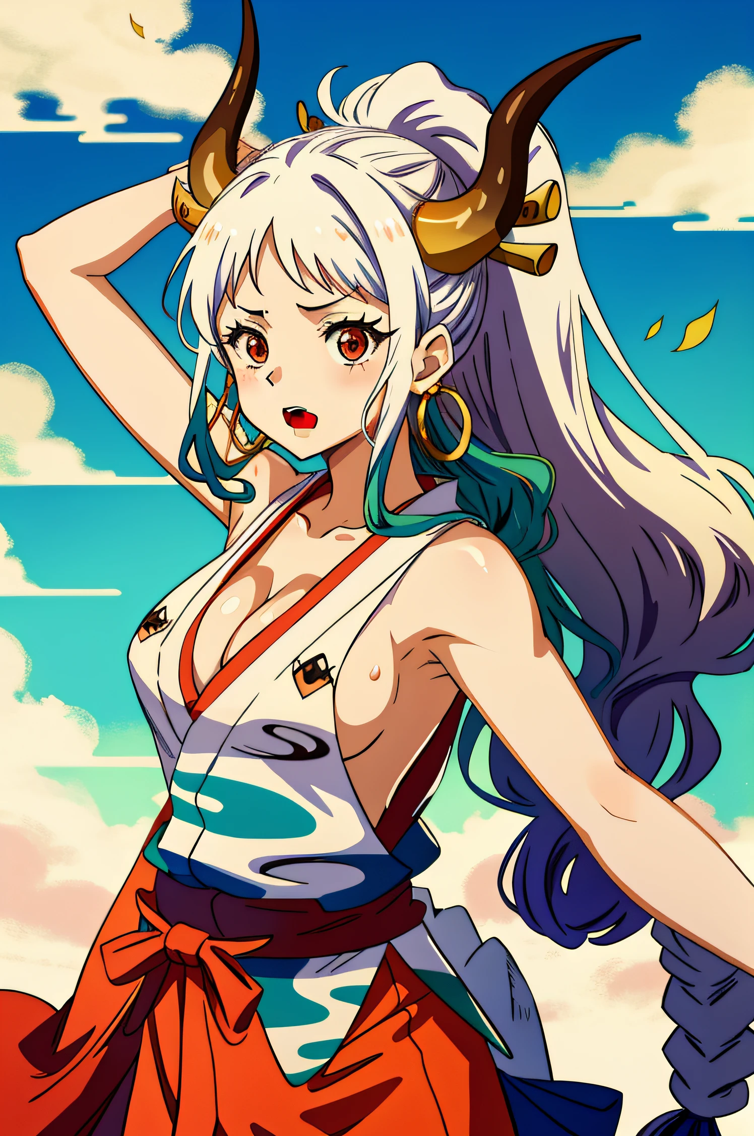 Yamato\(One piece\), Hair Ornament, Kimono, Sweat, sila, earrings, komono, 1girl in, hoop earrings, Open mouth, Armpits, Sleeveless, hair stick, multicolored hair, Looking at Viewer, Upper body, Red Eyes, Solo, Curled horns, Horns, Arms up, sideboob barbosa, Green hair, cleavage, Sleeveless kimono, Long hair, Jewelry, Large breasts, blush, red horns, 鎖骨