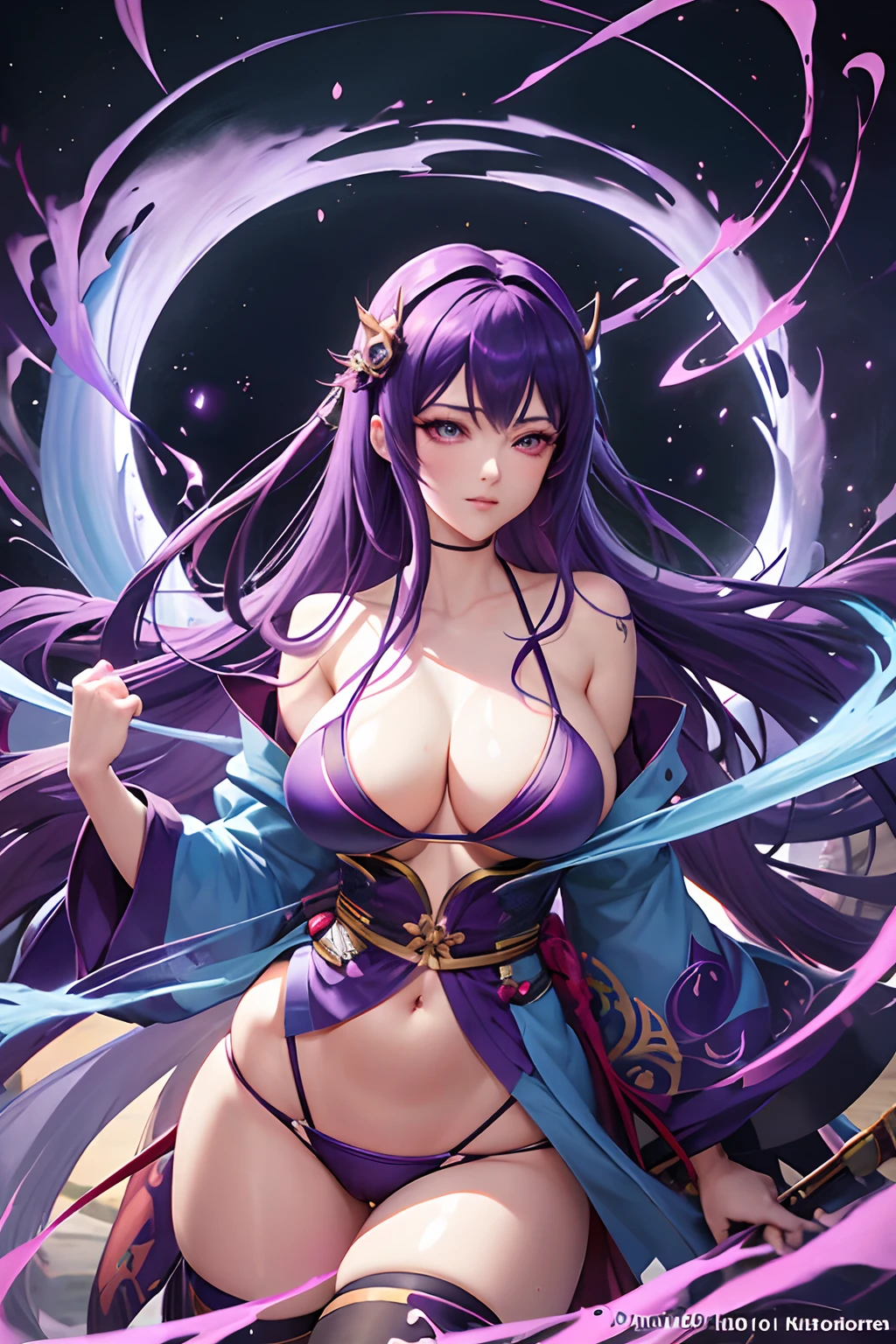 anime girl with purple hair and blue eyes in a bikini, long beautiful flowing kimono, hextech, 🐎🍑, no watermark signature, thick and dense vines, kai'sa, morgana, bending over, fox, cd, wukong, fubuki, leaking, wrapped, jaeyeon nam, 1 9 th, catapult, 100