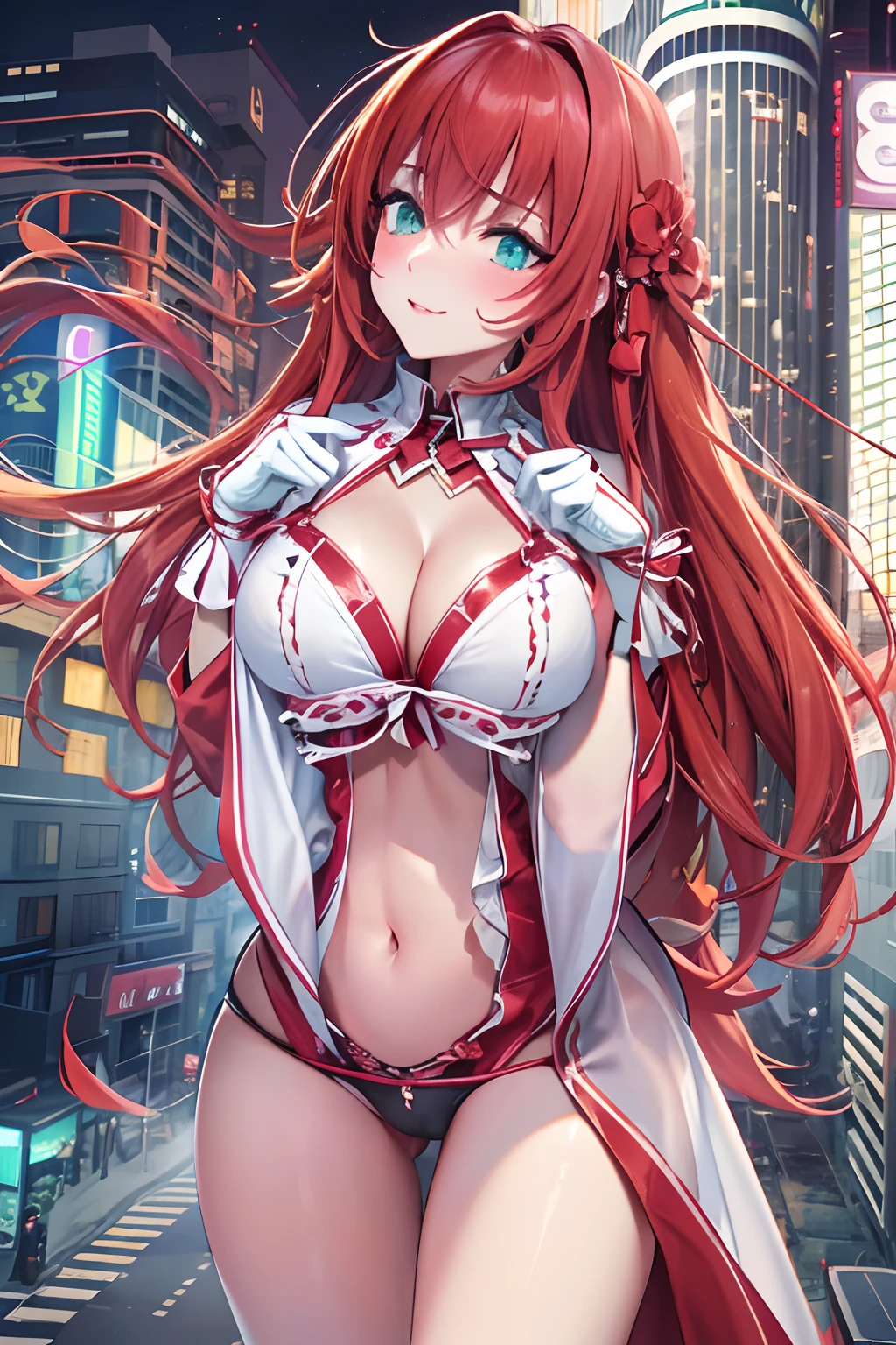 "An exquisite masterpiece with the best quality and high resolution featuring Rias gremory. Her captivating aqua eyes shine under the dim lights of a dirty night city street.Red hair, sexy body, High school dxd,She wears full body outfit ,red . The composition presents an attractive shot of her standing seductively, exuding a hint of blush on her cheeks." Pornographic , accurate anatomy , (bent over :1.3) , big ass, big boobs,NSFW , ((string, thong,)):1.3 , rear view , looking at viewer , pressenting, exposed , bent over, sexy pose, alluring
