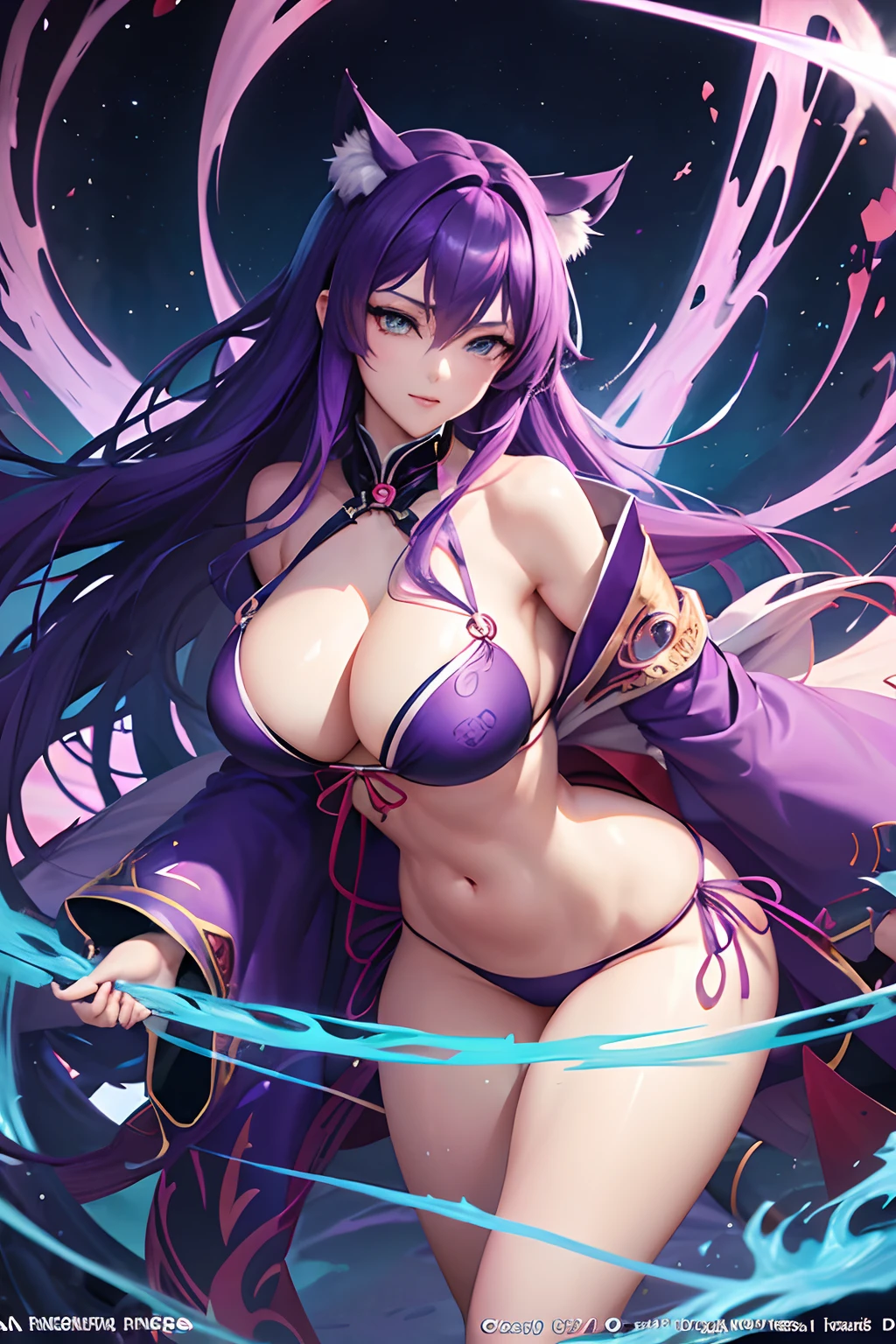 anime girl with purple hair and blue eyes in a bikini, long beautiful flowing kimono, hextech, 🐎🍑, no watermark signature, thick and dense vines, kai'sa, morgana, bending over, fox, cd, wukong, fubuki, leaking, wrapped, jaeyeon nam, 1 9 th, catapult, 100