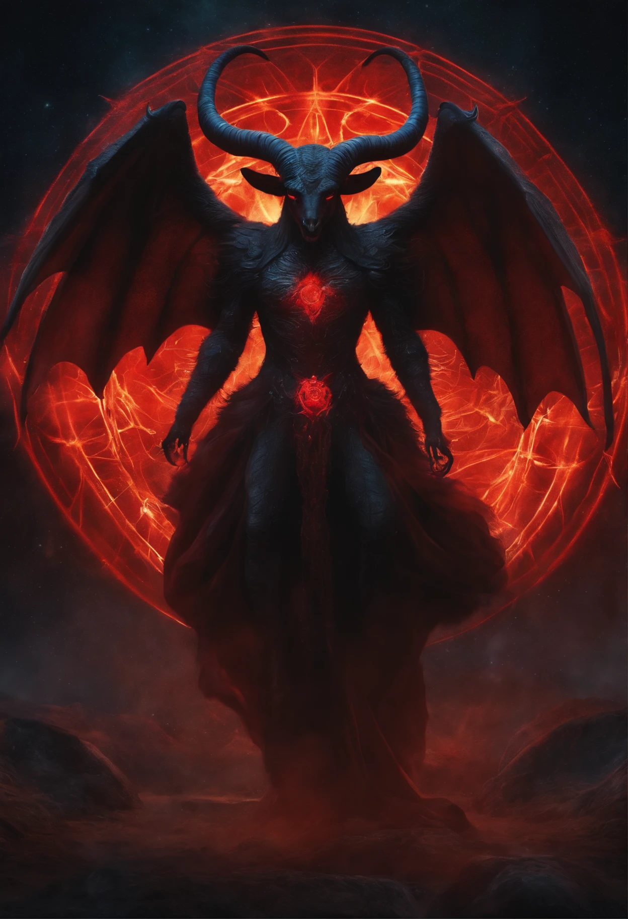 cosmic baphomet, glowing red eyes, with spider-like lower body