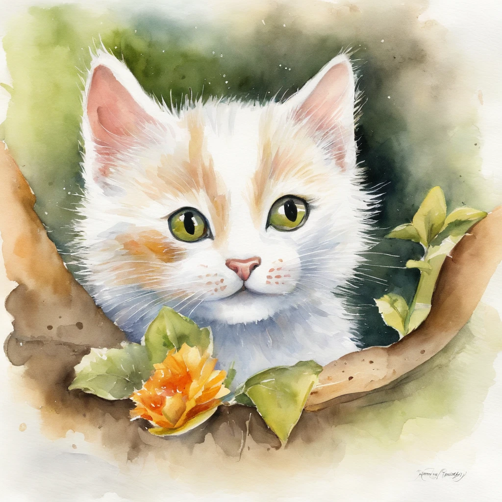 childrens book illustration：white backgrounid, Baby Cat, Hiding your face, a smile