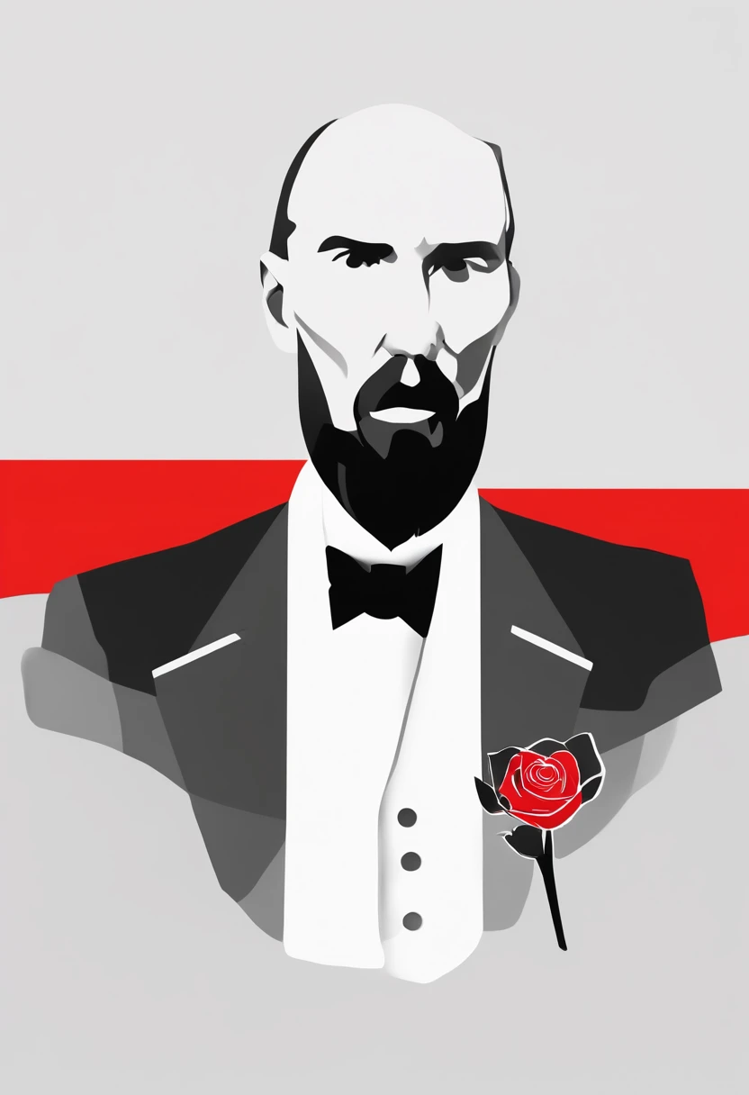 A vector illustration of minimalist style, depicting the Russian writer Fyodor Dostoyevsky, with a black outline on a white background. The writer holds a red rose in his right hand, creating a chromatic contrast with the background. The illustration should follow the proportions and facial features of Dostoyevsky, based on a reference photograph.