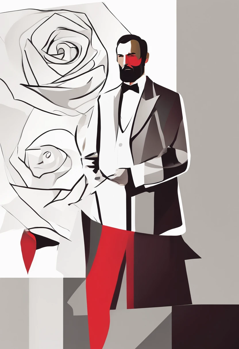 A vector illustration of minimalist style, depicting the Russian writer Fyodor Dostoyevsky, with a black outline on a white background. The writer holds a red rose in his right hand, creating a chromatic contrast with the background. The illustration should follow the proportions and facial features of Dostoyevsky, based on a reference photograph.