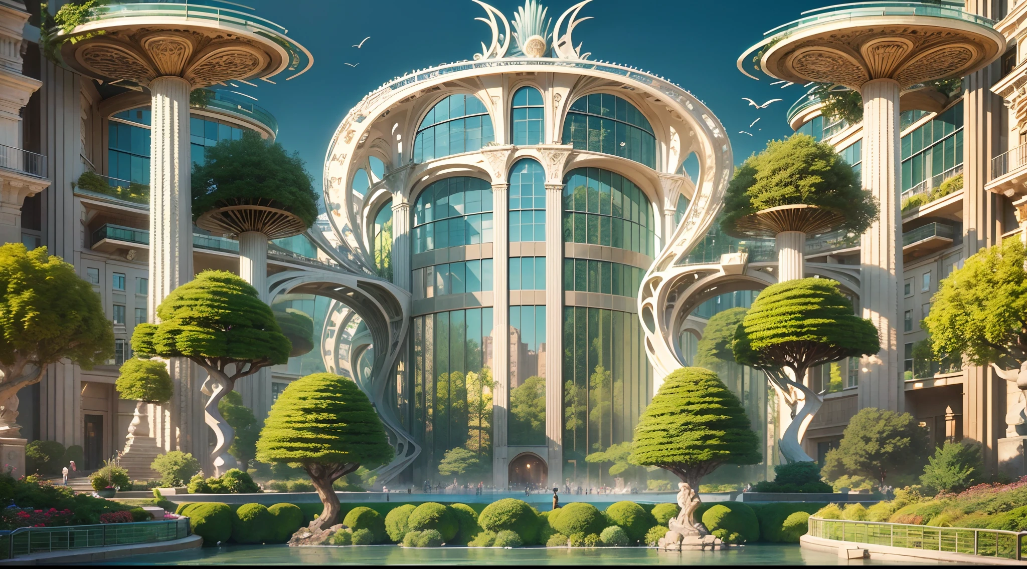 (best quality,4k,8k,highres,masterpiece:1.2),ultra-detailed,(realistic,photorealistic,photo-realistic:1.37),mushroom-shaped building,illustration,stone texture,green garden,blue sky,unique architecture,vibrant colors,soft sunlight,urban fantasy,enchanted atmosphere,futuristic concept,curved lines,sleek design,towering structure,large glass windows,spacious interior,open-air rooftop garden,elegant entrance,artistic sculptures,lively flowers,bustling cityscape,peaceful oasis,people leisurely strolling,calm reflection pool,winding pathways,bird's-eye view,impressive scale,modern marvel,immaculate cleanliness,architectural masterpiece,awe-inspiring,sculptural composition,harmony between nature and technology,dramatic shadows,striking silhouette,majestic presence,magical ambiance,ethereal vibes,lively energy