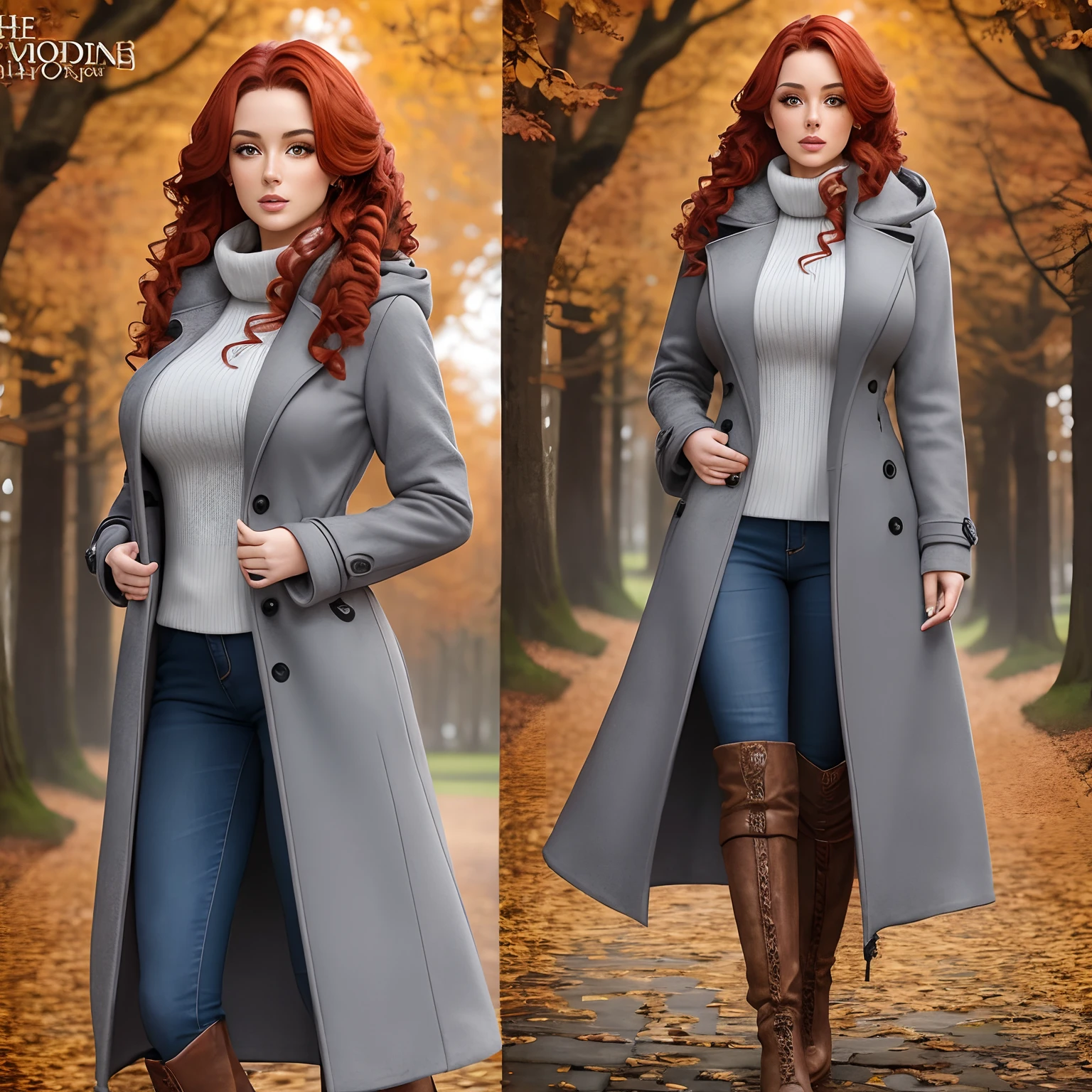 Model Lyriel Girl of European appearance (( solo)) with curly red hair , , with a face and body like Holly Peers, dressed in gray Raglan coat to the knee line and blue jeans , It stands in full growth against the backdrop of an autumn park , Her boots are visible , Very detailed patterns on the coat , All coats in patterns , Front light.