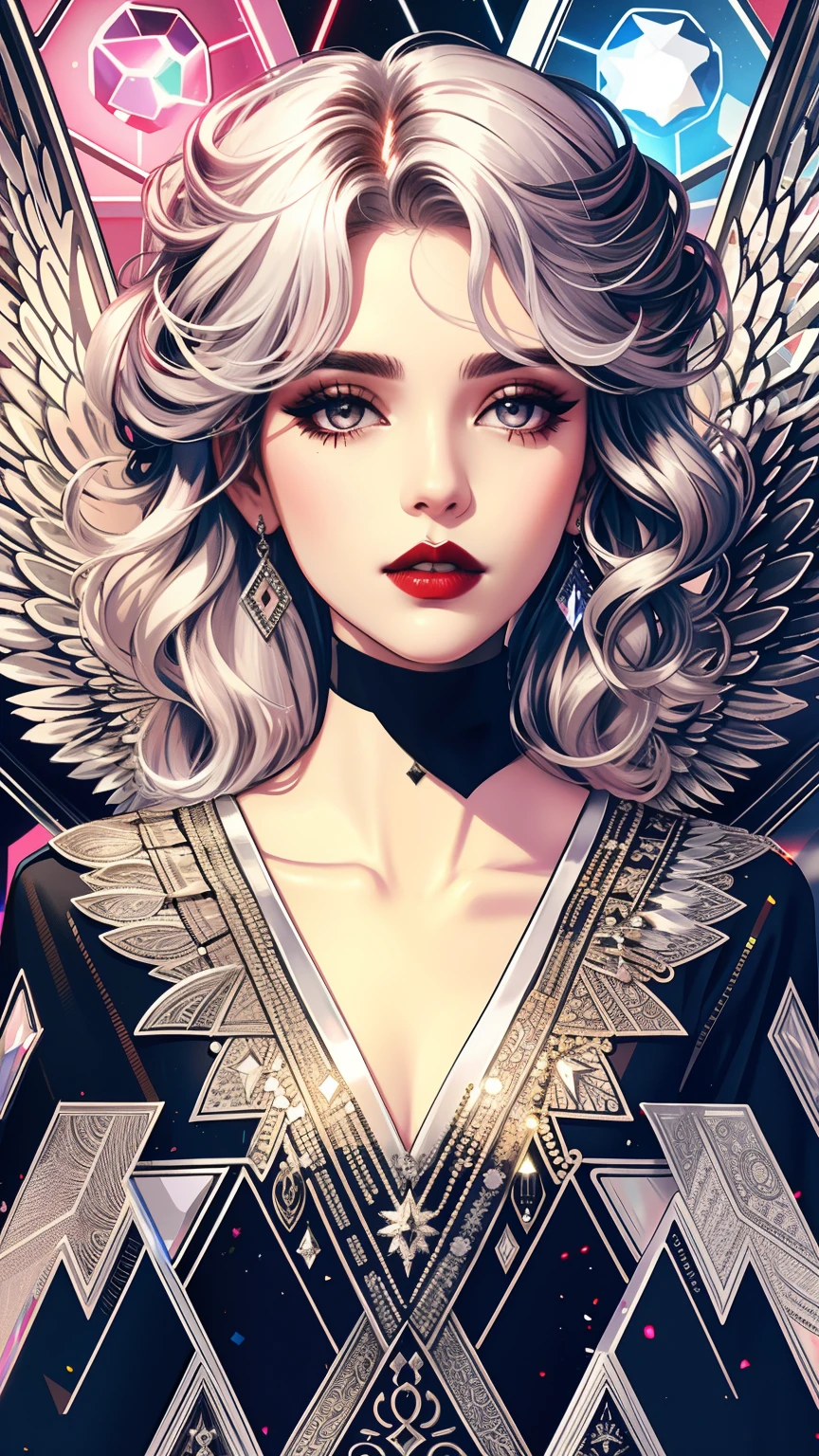 tarot card, Model: long wavy hair, full scarlet dark lips, Smoky eyes, BREAK,, Broken glass, crystals, neon lights, BREAK, Polychromatic geometric patterns,Heart, Arms and legs, BREAK, Accessories: Chrome-plated chains with torn body, Silver Choker, black feathered white black wings, Naked, Topless, naked body,BREAK,on chair, looking forward. tmasterpiece, Masterpiece quality