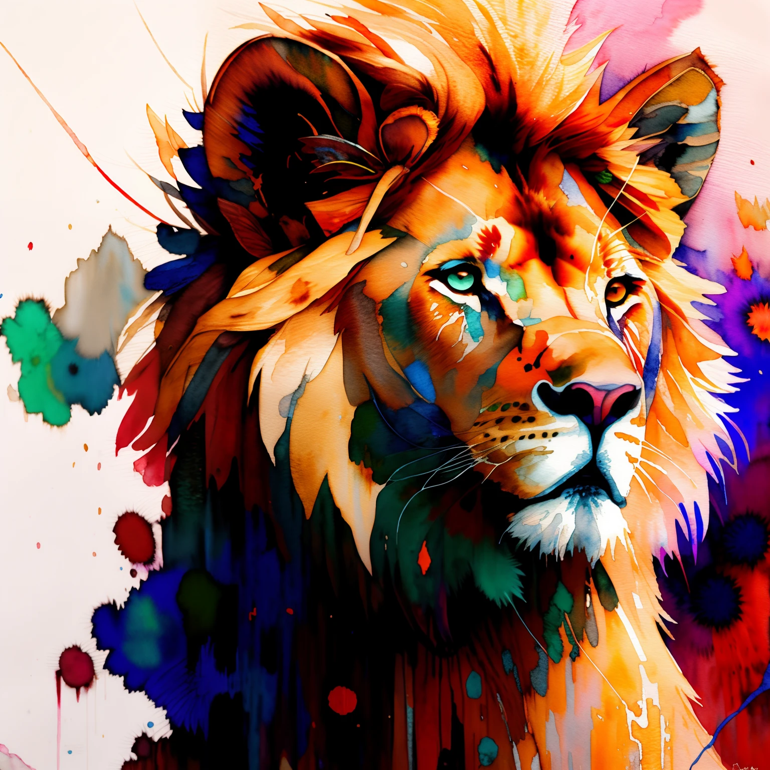 wtrcolor style, Digital art of (lion character), official art, frontal, masterpiece, Beautiful, ((watercolor)), face paint, paint splatter, intricate details. Highly detailed, detailed eyes, [dripping:0.5], Trending on artstation, by Rachel Walker,