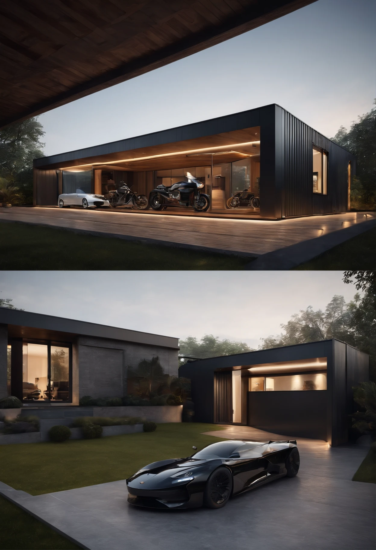 ((Best quality)), ((masterpiece)), ((realistic)), ((Best quality)), ((masterpiece)), ((realistic)), A modern container house with a spacious, industrial-style garage surrounded by a dark and atmospheric space. The scene features a sleek motorbike, highlighting the contrast between the ruggedness of the bike and the futuristic elements of the smart home.

Tags: container house, spacious industrial garage, sleek motorbike, futuristic smart home, dark atmosphere, modern design, innovative technology, stylish interior, high-end appliances, minimalistic decor, cutting-edge automation, urban aesthetics, metallic accents, ambient lighting, state-of-the-art security, interconnected devices, energy-efficient solutions, integrated entertainment system, sleek lines, avant-garde architectural elements, contemporary living, urban luxury, extremely detailed 8K , (photorealistic:1.4)