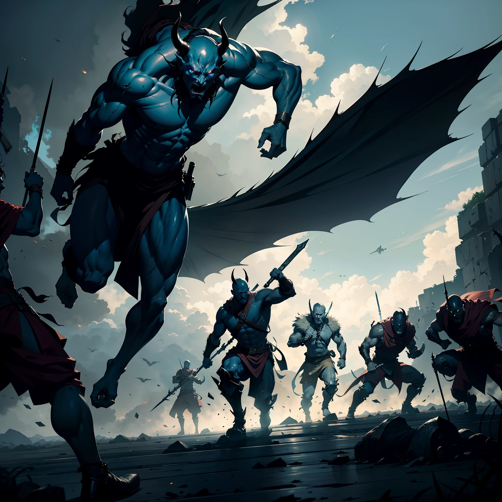 The Devil leading troops armed with jinn into battle Hyper realistic warfare super detailed Dynamic shot masterpiece cinematic scene scenes movie Epic Legendary perspective environment so much Warriors demons