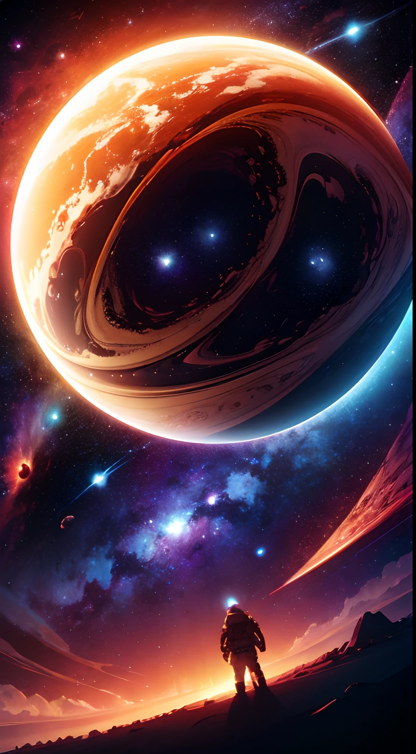 giant gas planet, a red planet in the space, gorgeous, space, colorful, astronomy wallpaper, spiral galaxy,, cosmic, cosmos, epic, masterpiece, best quality, high quality, extremely detailed CG unity 8k wallpaper, Depth of Field, HDR,,Photorealistic,extremely detailed, Intricate, High Detail, universe, space, planets, astronomy, cosmos, celestial, nebula, cosmic rays,  deep space, astronomical objects