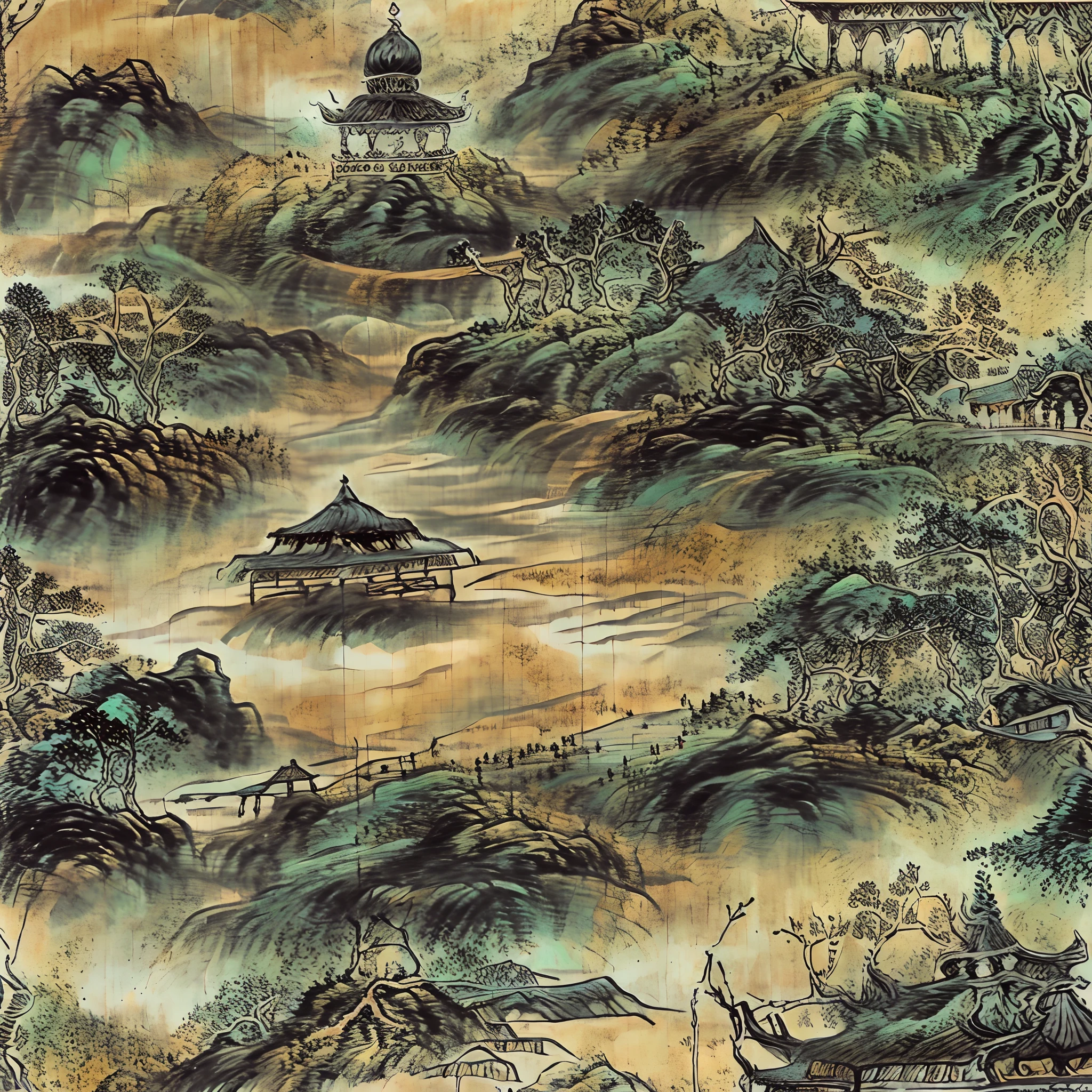landscape painting,Black is the main color,Ink wind,Landscape background image,An antique pavilion outlined in gold on the edges,The best picture quality,4k,The style of ink