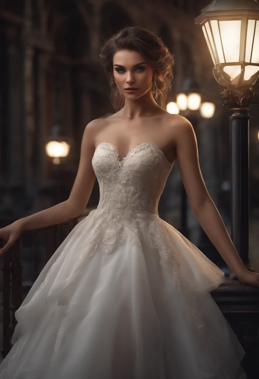 Masterpiece, (Front focus), Surrealist portraits of women, Fantasy art, Realism, Dynamic lighting, Art Station, poster for, voluminetric lighting, Highly detailed face, Black and fluffy eyes, shiny pupils,4K, Award-winning, 1 girl, understated,full body shot of, (Official attire: 1.4,White lace gown), the street lights, Dark brown hair,