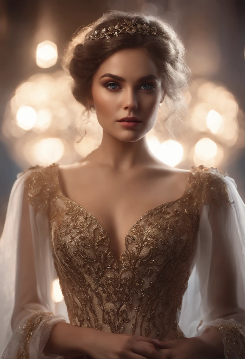 Masterpiece, (Front focus), Surrealist portraits of women, Fantasy art, Realism, Dynamic lighting, Art Station, poster for, voluminetric lighting, Highly detailed face, Black and fluffy eyes, shiny pupils,4K, Award-winning, 1 girl, understated,full body shot of, (Official attire: 1.4,White lace gown), the street lights, Dark brown hair,