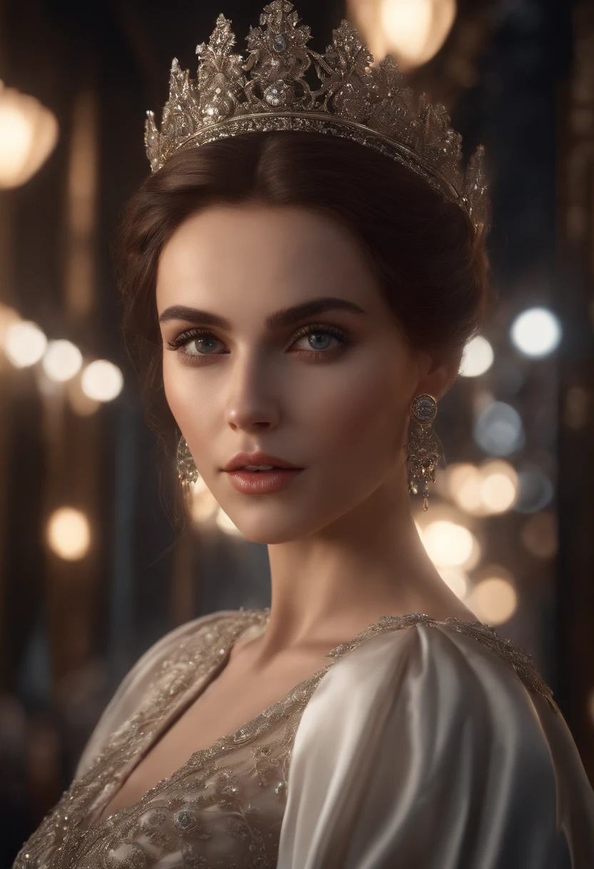 Masterpiece, (Front focus), Surrealist portraits of women, Fantasy art, Realism, Dynamic lighting, Art Station, poster for, voluminetric lighting, Highly detailed face, Black and fluffy eyes, shiny pupils,4K, Award-winning, 1 girl, understated,full body shot of, (Official attire: 1.4,White lace gown), the street lights, Dark brown hair,