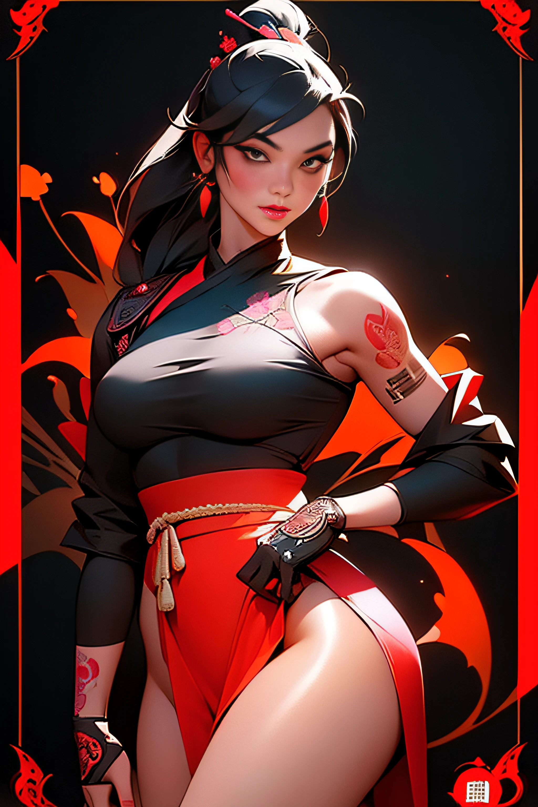 Create a cool character for a gacha game based on the game Zenless Zone Zero, female character in devil clothes in warm colors, S-level fire elemental character, devil horns and tail, beautiful and cute face, corpo de nymph, lolly, haughty, devilish smile, wielding a serrated sword, pose de atitude, A beautiful , 14歳, super skinny, short mini skirt, wide belt, garter belt with black tights, thigh holster, breasts small, perfect little ass, narrow hip, Waist slender, pose sexly, ((ponytailhair style))), posing for manga cover photo, dynamic pose, malicious smile, seductiv, malicious, obscene, shamelessly, young, Stupid, nymph, manga style, random ethnicity, (((MMA fighter))), ((( red dress ))), (((bandaged arms))), ((high collar)), (((darkskin)), (((micro skirt with vertical seams))), (((best qualityer: 1.4))), (Unbeatable masterpiece), (hiper HD),(CG 8k hyper-realistic), (((hyper feminine))), sexly girl, king of fighter, ((( sculptural body ))), (((1 girl))), garota de 14歳 com perfectbody e magro,Beautiful and well-groomed face, (Head to thigh photos), Complex equipment, (((standing alone))), pirralha violent, (((14歳))), sexly, pose de atitude, work of art, (((manga style))), bounty hunter, violent, Manic, evil face with malicious smile, slenderbody, thin but strong, perfectbody, roupa moderna, advanced technology, neon, sleeves with vertical striped pattern, neutral background, (( cowboy shot )). intricate visual