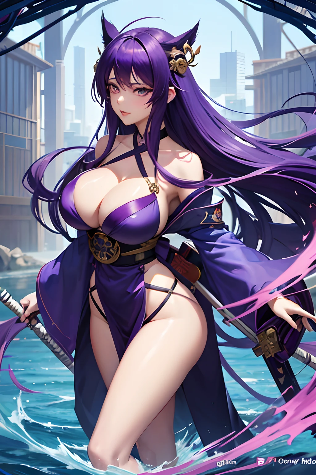 anime girl with purple hair and blue eyes in a bikini, long beautiful flowing kimono, hextech, 🐎🍑, no watermark signature, thick and dense vines, kai'sa, morgana, bending over, fox, cd, wukong, fubuki, leaking, wrapped, jaeyeon nam, 1 9 th, catapult, 100