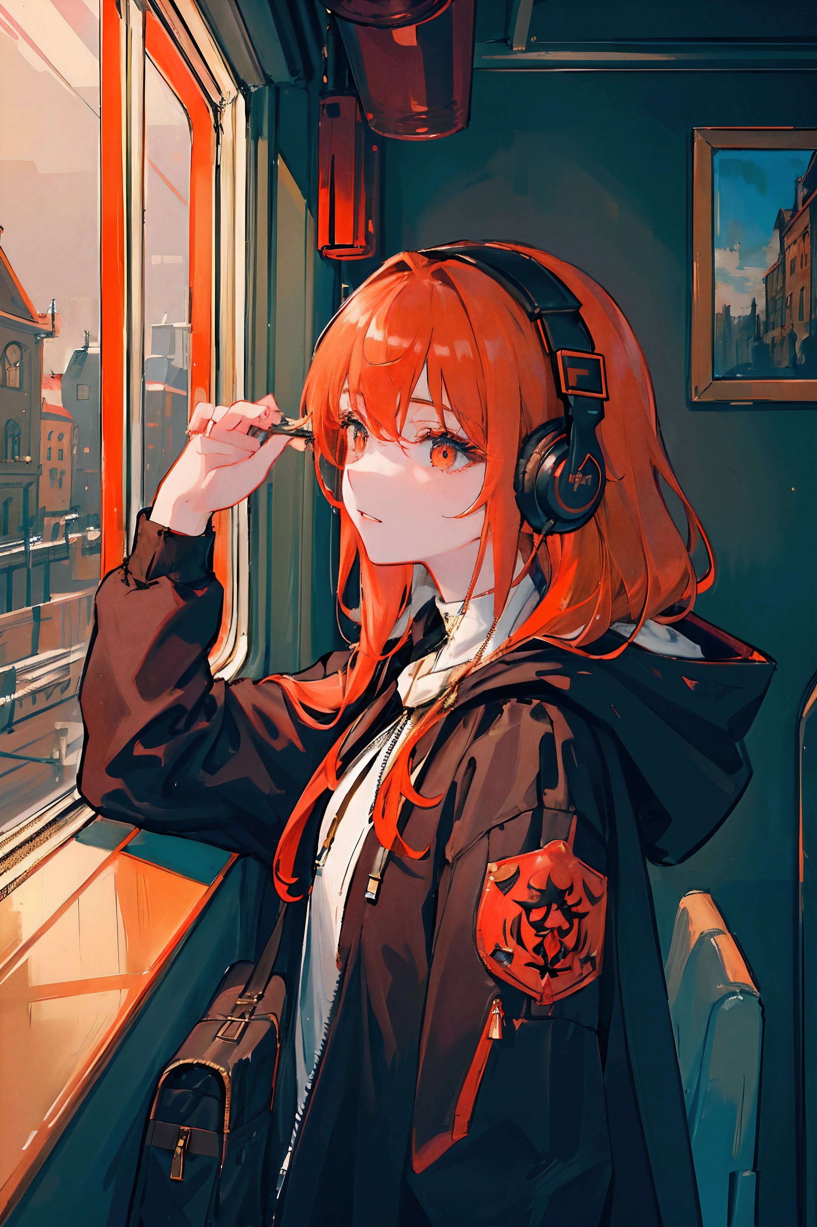 (masterpiece, sidelighting, ultra-detailed, finely detailed beautiful eyes: 1.2), 1girl, bag, building, from side, headphones, hood, hood down, hooded jacket, hoodie, jacket, long hair, orange hair, profile, red hair, solo, train, train interior, upper body, Masterpiece, best quality