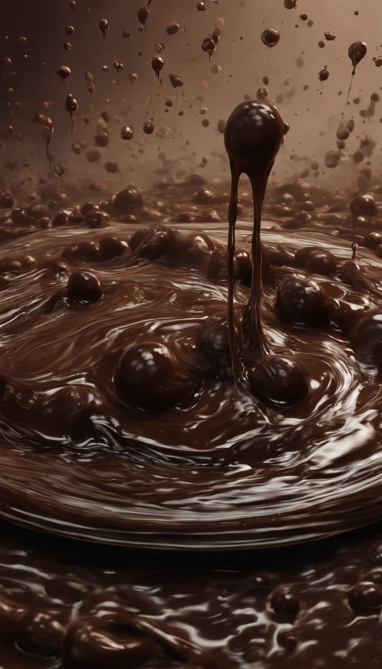 Style is whimsical pixar animation: close-up of brown liquid chocolate which is cooking and bubbling with a lot of bubbles flying around --ar 9:16