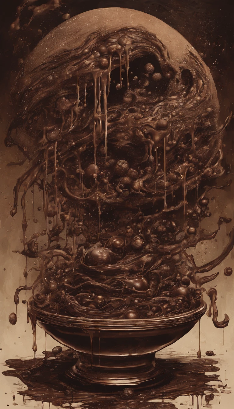 Style is whimsical pixar animation: close-up of brown liquid chocolate which is cooking and bubbling with a lot of bubbles flying around --ar 9:16