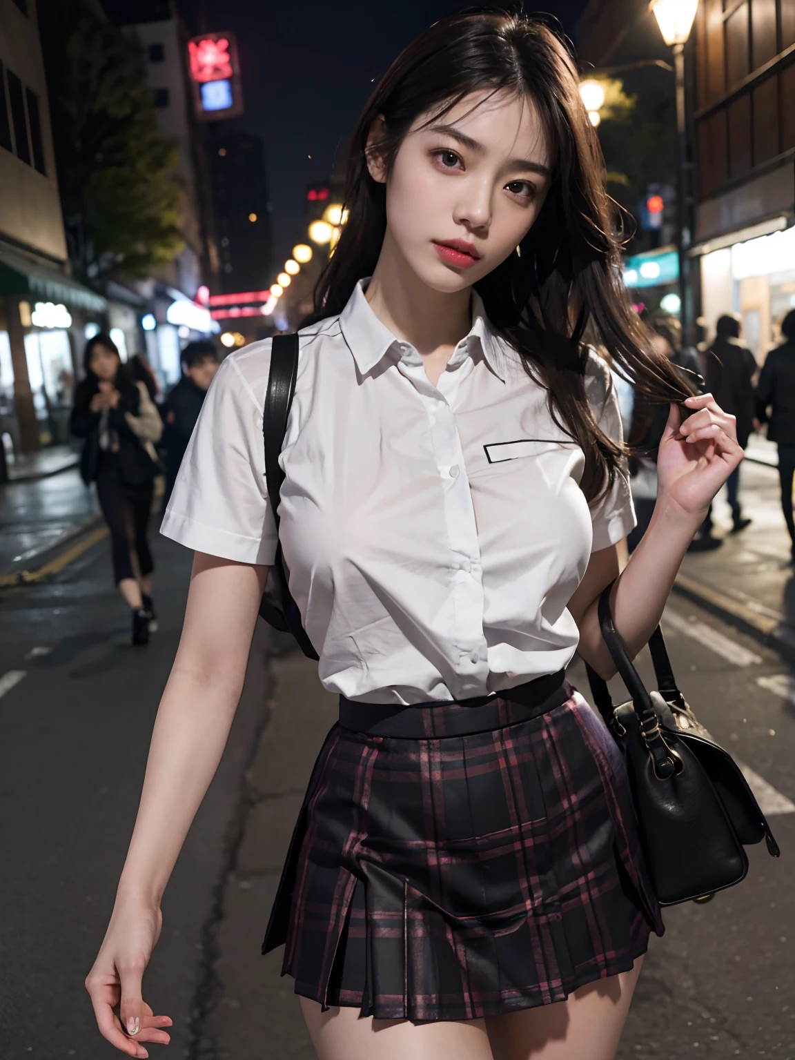 Best quality, Masterpiece, 超高分辨率, (Photorealistic:1.4), RAW photo, (Perfect body shape), (Slim:1.2), Dynamic pose, 1girll, (Complete figure:0.9), Solo, Big breasts, Sagging breasts, school uniform, Plaid mini skirt, In the dark, Night, On the street, deepshadow, low tune, Cold light 12000K